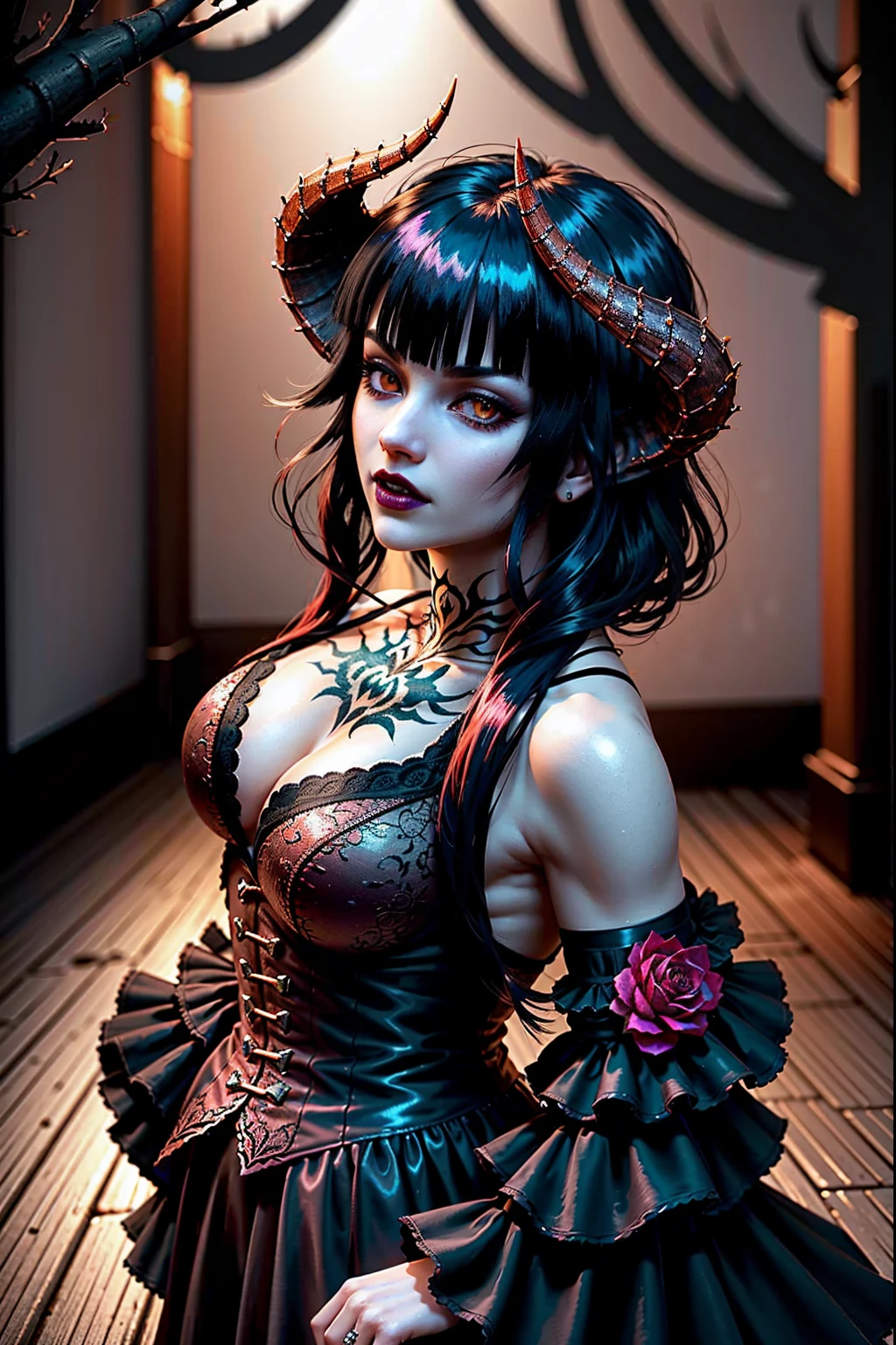 Style-Bridal, Style-SylvaMagic, Style-(dark:1.4), deep shadow, (darkness:1.3), award winning photo, extremely detailed, (high quality:1.2), fine detail, absurdres, (highly detailed beautiful gothic vmpr bride:1.1), (up close:1.1), cleavage, from above, (extremely detailed eyes:1.2) face, (piercing red eyes:1.1), detailed clothes, curly red black hair, bangs, frills, skirt,rose gold hair, by lee jeffries nikon d850 film stock photograph 4 kodak portra 400 camera f1.6 lens rich colors hyper realistic lifelike texture dramatic lighting unrealengine trending on artstation cinestill 800 tungsten, (spooky dark forest background by Style-SylvaMagic:1.3), eliza, fangs
