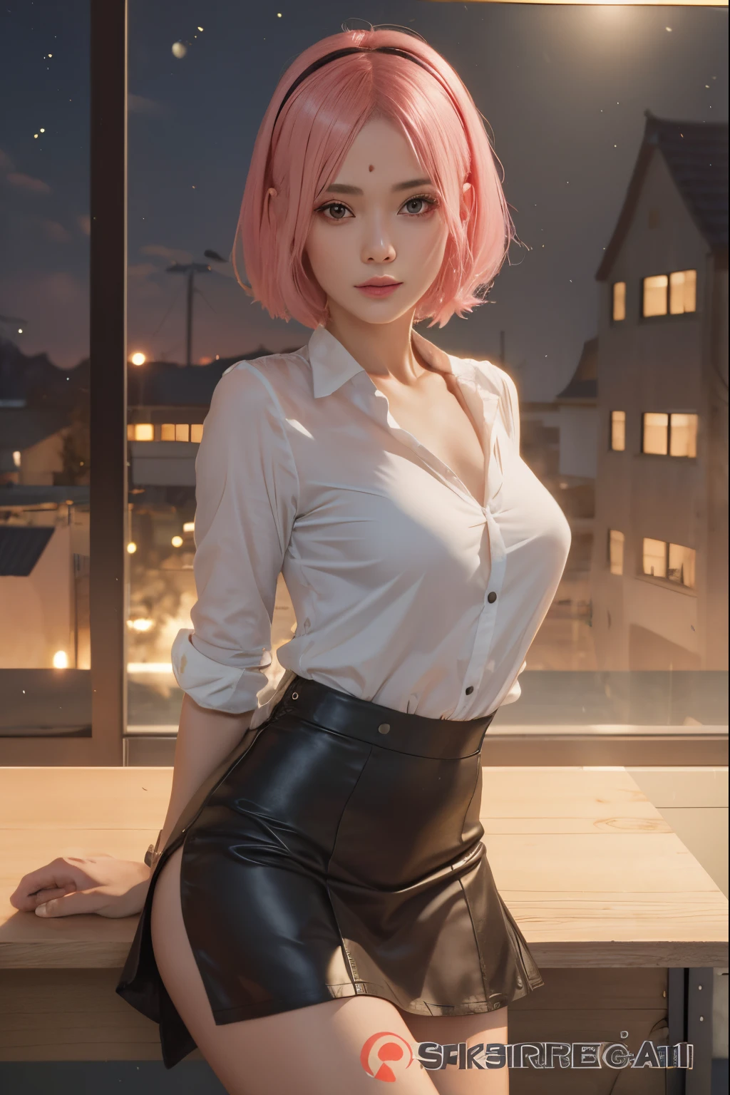 ultra realistic 8k cg, picture-perfect face, flawless, clean, masterpiece, professional artwork, famous artwork, perfect face, beautiful woman, ((short pink hair)), beautiful face, beautiful eyes, ((perfect female body)), solo,(immersive atmosphere, chiaroscuro:1.5,bright light:1.2,luminous lighting)
,,(blush:0.5),seductive expression,extremely detailed_eyes,thick thighs,large breasts,
beautifully detailed background,depth of field,realistic:1.3, long shot,1girl,white shirt, black pleated skirt, , sitting, full body, 
(ambient light:1.3),(cinematic composition:1.3),(neon lights:0.1),(HDR:0.1),Accent Lighting, white pantyhose,   