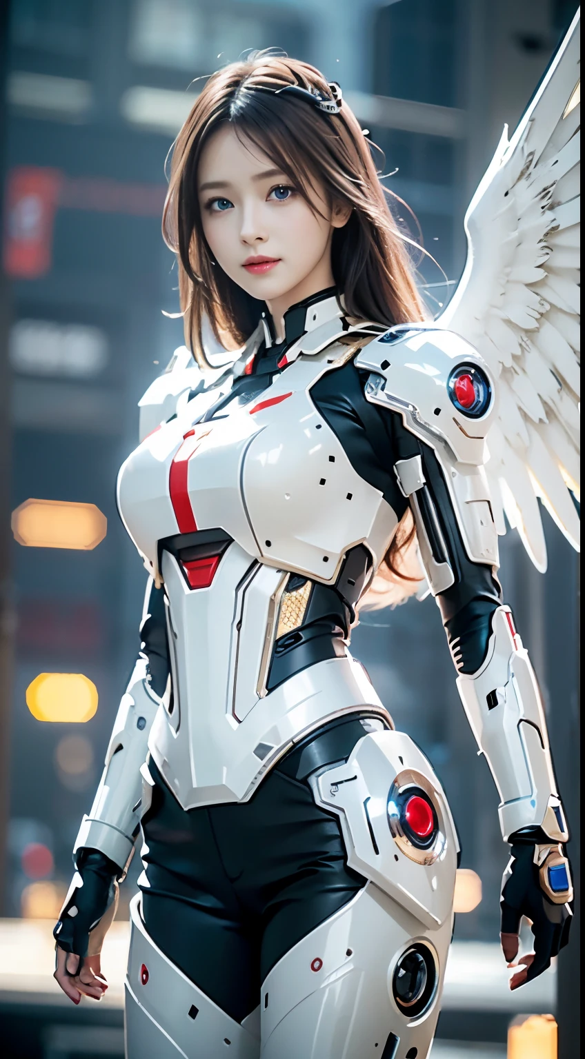 Android Girl'a masterpiece of, (Best Quality), Highly detailed, Ultra-detailed, 1 android girl, (mechanical wings: Golden, Eyeliu of shining light, White Mecha: 1.2, ear: 0.8), (cyberpunkcity: 1.5, arma: energyblade), (Fantasy landscape: 1.2, Natural lighting: 1.5, Confident expression), (in a panoramic view: 1.2), White and red mechs, Blonde, Smile, Blue eyes, Angle, angelicales, spread your big wings