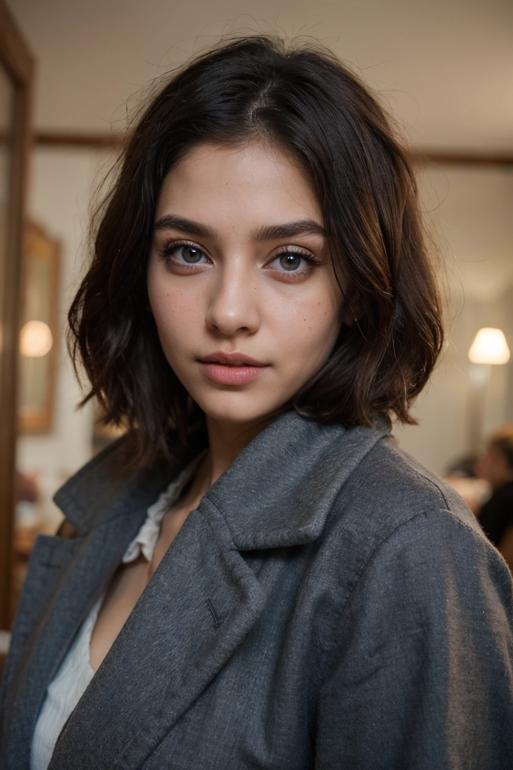 ((best quality)), ((masterpiece)), (detailed), perfect face ,25 years old , beautiful girl, indian girl  short hairs, big eyes, beautiful eyes, cute face, attention to detail, light makeup, natural skin, black hair, blue eyes, model pose, overcoat