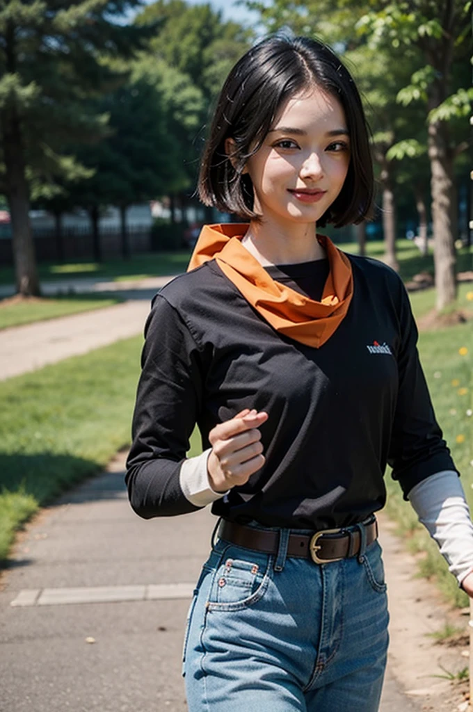 (8k, best quality, masterpiece:1.2),blue sky,rocky grassfields,1boy,android 17, (black shirt), orange bandana, jeans,brown belt,layered shirt,white sleeves,black hair, blue eyes, parted hair,red patch, short hair,upper body, evil smile, looking at viewer