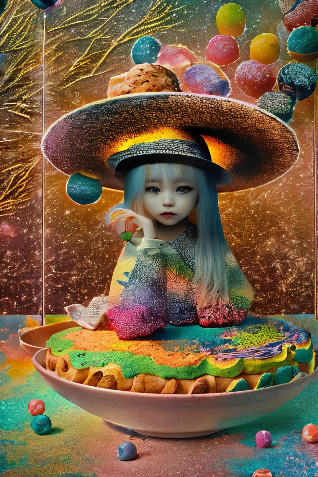 Girl in Hat、A photo that represents your profile、There are many sweets on the hat。、this is the tastiest hat to me、;never seen before、candy、syrup、cookies、a cake、colorful backdrop、ultra-detailliert、masutepiece、 (Texture Effects:1.4), subtle gradients, Fascinating craftsmanship, infrared photography, Otherworldly tones, surreal landscape, Invisible light, ethereal glow, Vivid colors, Phantom effect