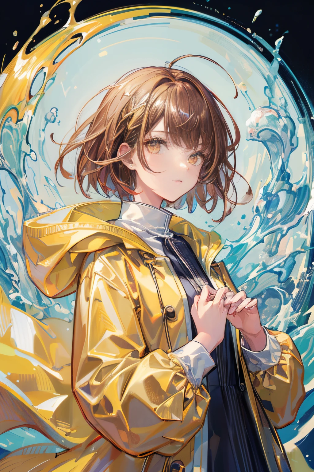 (tmasterpiece), (Best quality at best), (ultra - detailed),(illustratio), (1人), Permanent, A fashion model, looking at viewert, (Interview), (detailedbackground), exquisite and beautiful face, floating,(high saturated),1 girl, brown short hair with bang,yellow raincoat,small breats