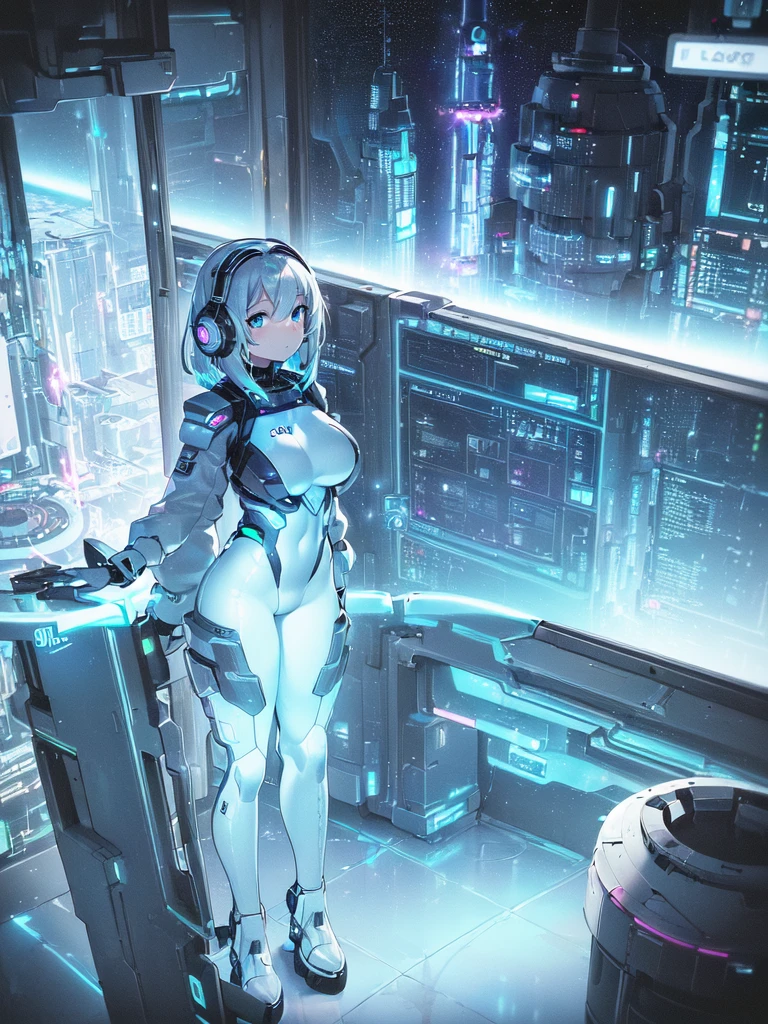 ​masterpiece:1.4, 1girl in ((20yr old, Wearing a futuristic white and silver costume, Tight Fit Bodysuit, long boots, Very gigantic-breasts, Multicolored blonde hair, a short bob, Perfect model body, Blue eyes:1.2, Wearing headphones, Looking out the window of the futuristic sci-fi space station、While admiring the beautiful galaxy:1.2, SFSF control room on night background:1.1, Neon and energetic atmosphere:1.2)) ((Galaxy))