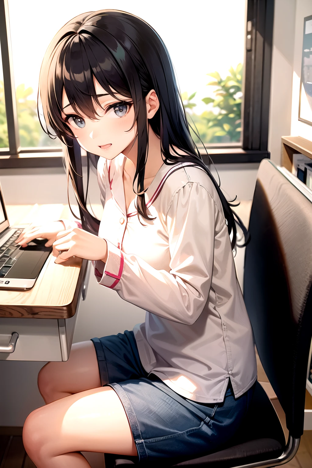 girl alternative, sitting at her desk and playing on the computer, only in pajama shorts and bra, has not washed for two days, pov under her desk