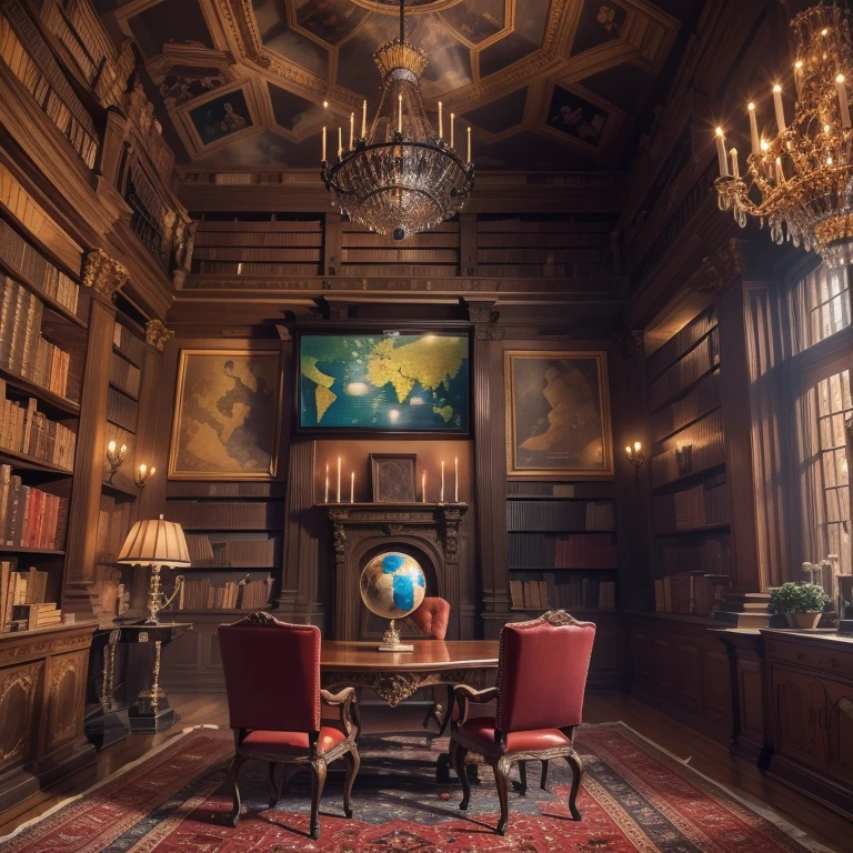 Emperor's office, room with chandelier and fireplace, Castle Library, Inside the Castle Library, in a luxurious library, Large Library, The Old Library, Gothic Library, A fancy library, Baroque library, Gothic Epic Library, The interior of the library, in a gloomy library, The Gloomy Library, Inside the library, Extensive Library, library, several screens on the wall, Beitoniy news screen, screen with economic situations Beithonium, Screen with the political situation of Beitoniy, world news screen, screen with military political situation, table with virtual map Beitoniy, in the center of the library room there is a virtual globe of the planet with orbital stations and satellites.