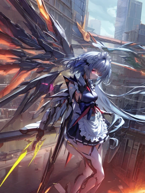 top-quality、ighly detailed、masterpiece、ultra-detailliert、illustratio、((1girl in))、silber hair、length hair、Floating hair、、Cyber City、Neon building、(The upper part of the body:1.05)、extremely_Detailed_Eyes_And_Face,cybernetic wings mechanical wings、Random posture、Skyscraper、、Mechumusume、shrine maiden clothe,maid clothes、Random angles、anime styled,cowboy shot