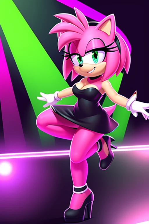 full body, Amy Rose, bob hair, seductive, medium breast, bare shoulder, strapless, little black dress, skin-tight dress, black high heels, nightclub background, smile, dancing, playing the guitar, dance floor, disco lighting, looking at viewer, high quality.