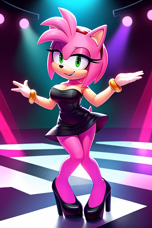 full body, Amy Rose, bob hair, seductive, medium breast, bare shoulder, strapless, little black dress, skin-tight dress, black high heels, nightclub background, smile, dancing, turning, dance floor, disco lighting, looking at viewer, high quality.