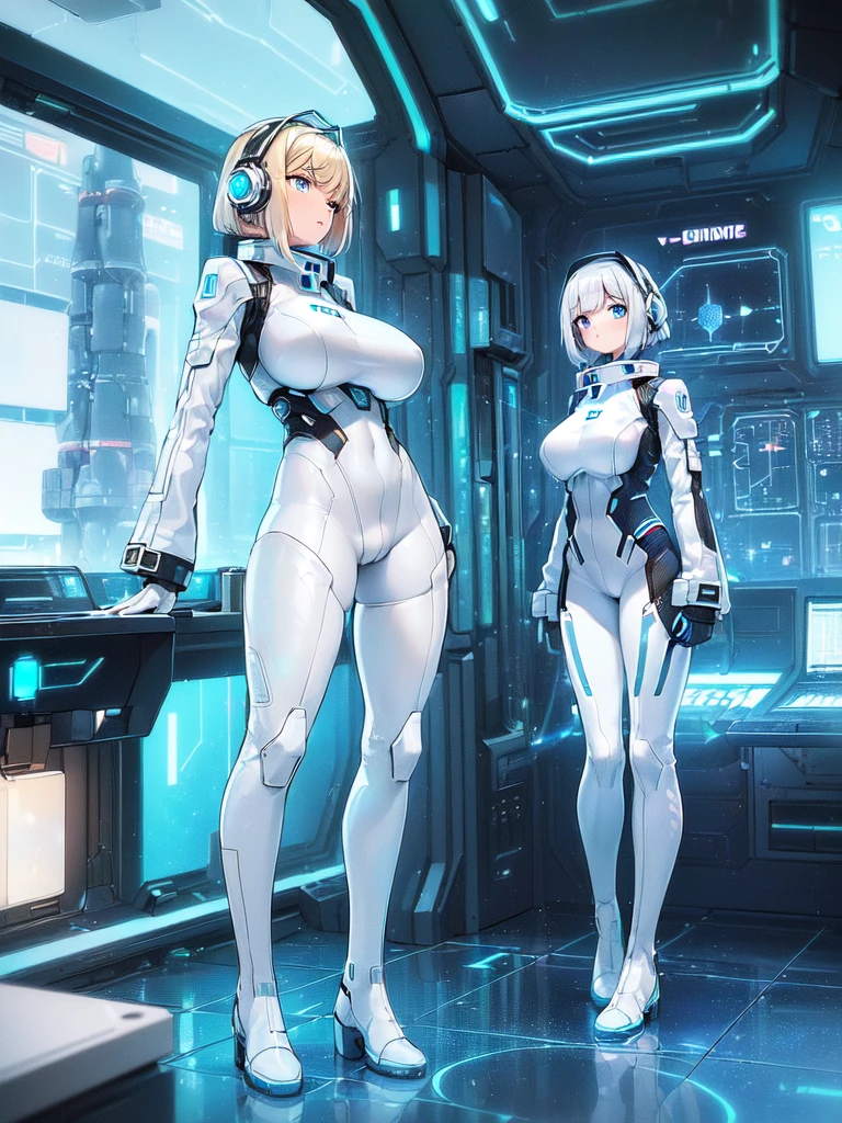 masterpiece:1.4, 1girl in ((20yr old, Wearing a futuristic white and silver costume, Tight Fit Bodysuit, long boots, Very gigantic-breasts, Multicolored blonde hair, a short bob, Perfect model body, Blue eyes:1.2, Wearing headphones, Looking out the window of the futuristic sci-fi space station、While admiring the beautiful galaxy:1.2, SFSF control room on night background:1.1, Neon and energetic atmosphere:1.2)) ((Galaxy))