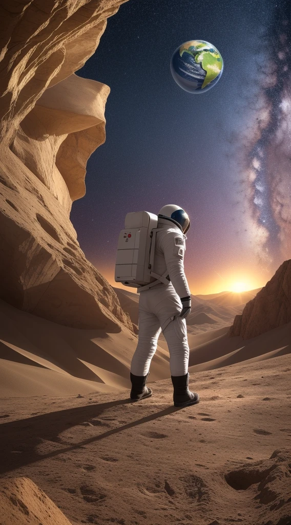 spaceman on the moon with a crashed spaceship beside him. He looking down on the earth. Hyper-realistic. ultrahigh-resolution.