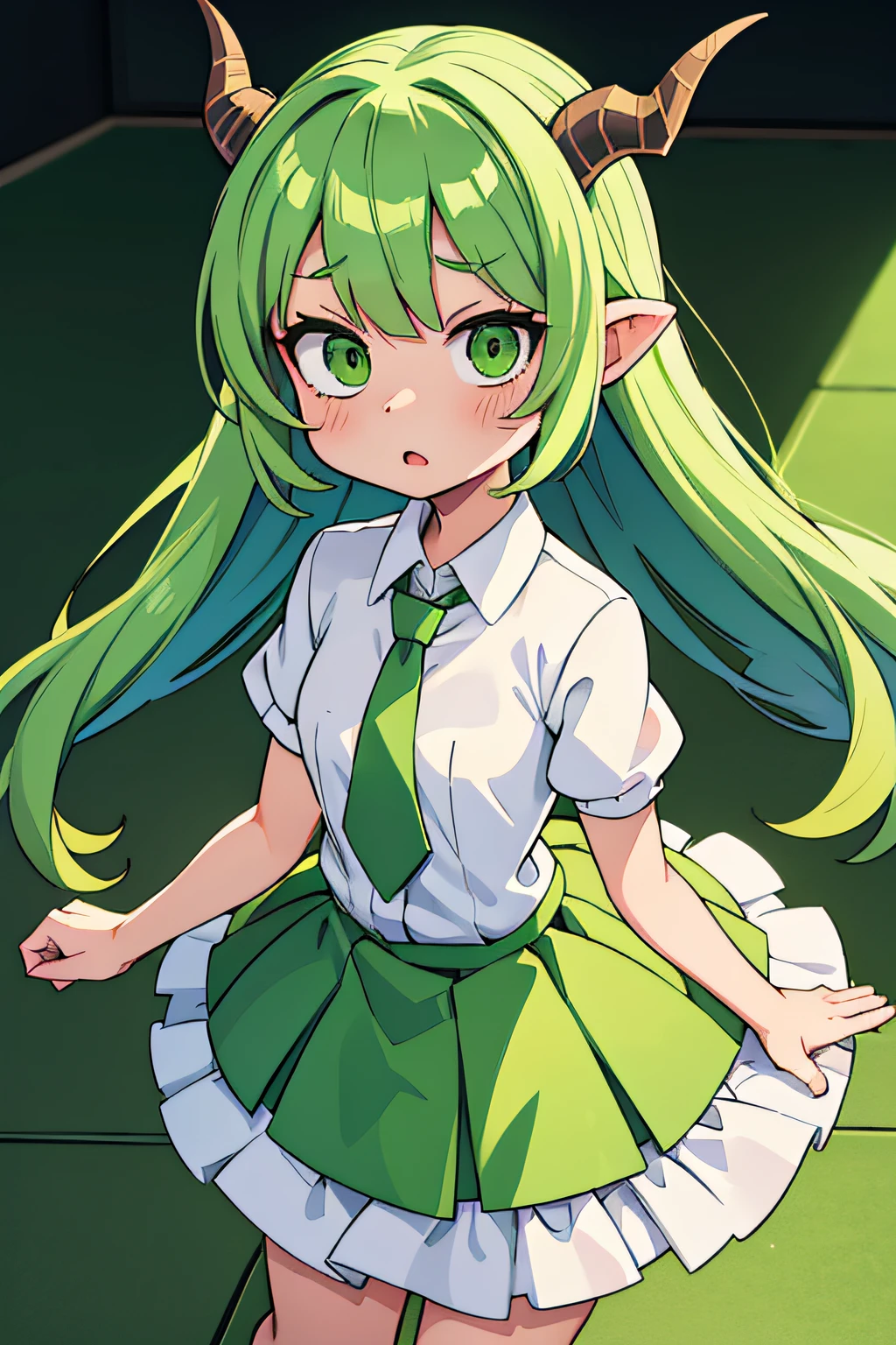 whitebackground, Anime girl with light green hair and light green dragon horns, standing on the floor, Udevlina girl, surprised face, stands in a pose of surprise, light green tie, green dragon eyes, White transparent shirt, Face to face with you, light green skirt, without stockings, You can see the whole girl, the whole girl fits into the image,