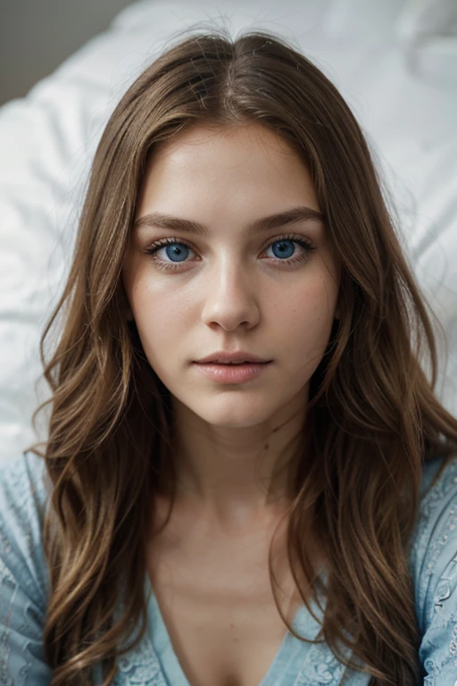 Photo of a 20-year-old European Russian sexy girl, raw, Beautiful woman, (Extra long wavy blonde hair), (Big blue eyes), ((Portrait)), ((Detailed face: 1.2)), ((detailed facial features)), (finely detailed skin), pale skin, wrapped in a sheet, Bedroom enviroment, Sitting on the bed, (cold color), moist, moist, Reflectors, (masutepiece) (perfectly proportions)(photos realistic)(Best Quality) (Detailed) photographed in a Canon EOS R5, 50mm Lens, F/2.8, nffsw, (8K) (Wallpaper) (Cinematic lighting) (foco nitido) (Convoluted) Fashion, From above