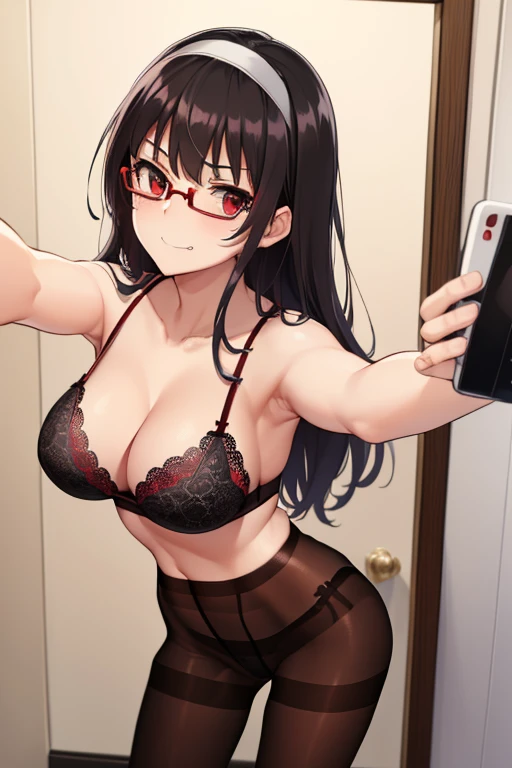 kasumigaokautaha, ((full body)), ((full pose)) utaha kasumigaoka, black hair, hairband, long hair, (red eyes:1.5), masterpiece, best quality, highres, kasumigaoka utaha, 1girl, solo, ((standing)), ((black glasses)),(( black lace bra:1.4)), ((black pantyhose:1.4)), ((black lace panties:1.4)), medium breasts, blushing, black hair, hairband, red eyes, ((white hairband)), bangs, medium breasts, blushing, ((smug face)), cowboy shot, ((looking at viever)), ((selfie:1.4)), picture from down, bathroom background