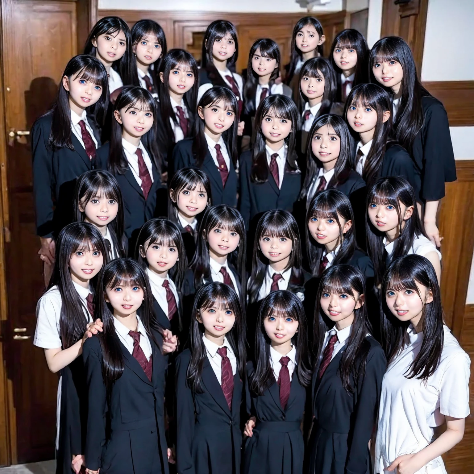 Raw photo、(((multiple girls))),((((6+girls)))),((((100girls)))),(((1000girls)))、((((100 Girls))))、((((Gigantic Breasts))))、Women only、The same face、matching school uniform、************、Long black hair、100 cute girls going to school、a smile、Commuting to school、School route、(((Large group)))、a junior high school student