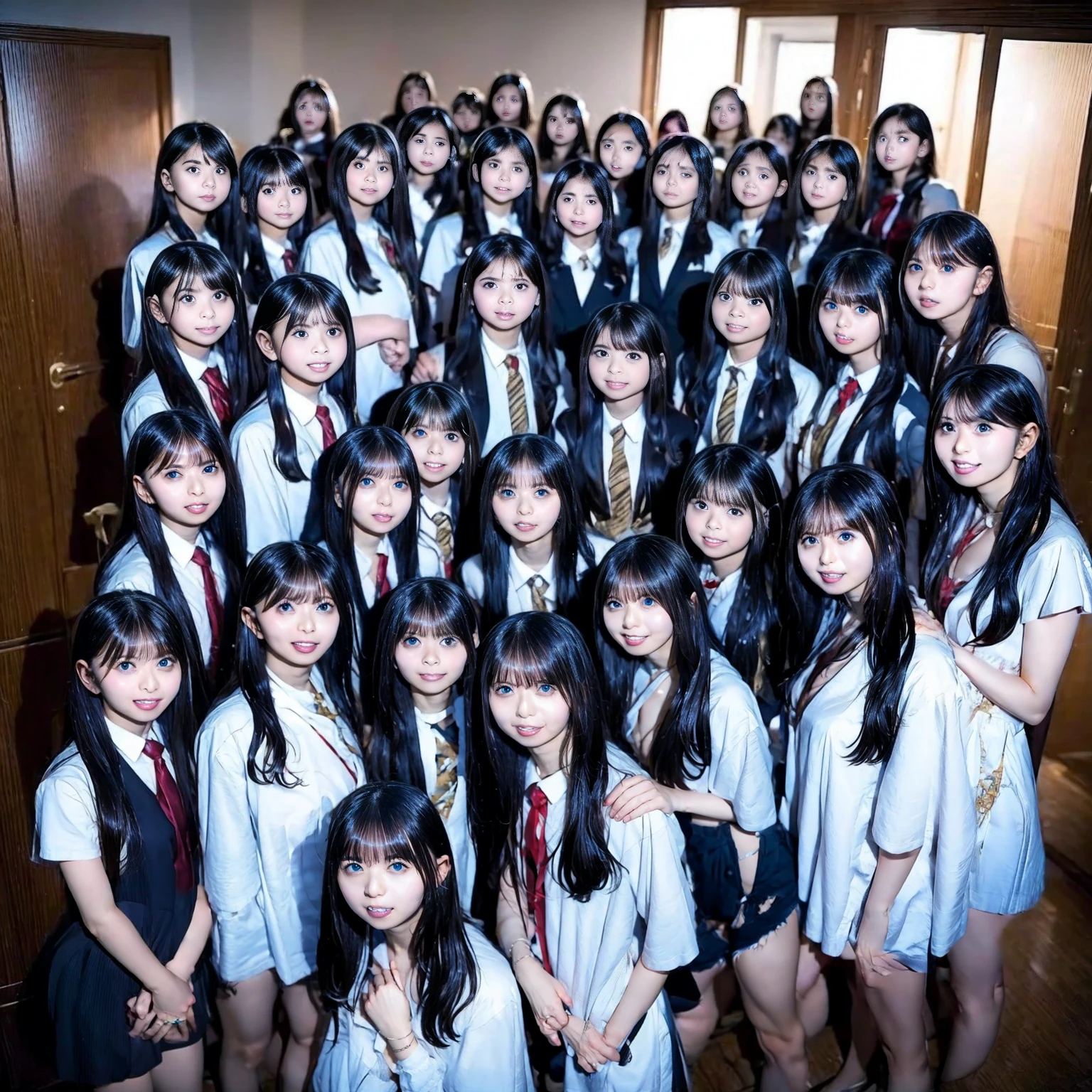 Raw photo、(((multiple girls))),((((6+girls)))),((((100girls)))),(((1000girls)))、((((100 Girls))))、((((Gigantic Breasts))))、Women only、The same face、matching school uniform、、Long black hair、100 cute girls going to school、a smile、Commuting to school、School route、(((Large group)))、a junior high  student