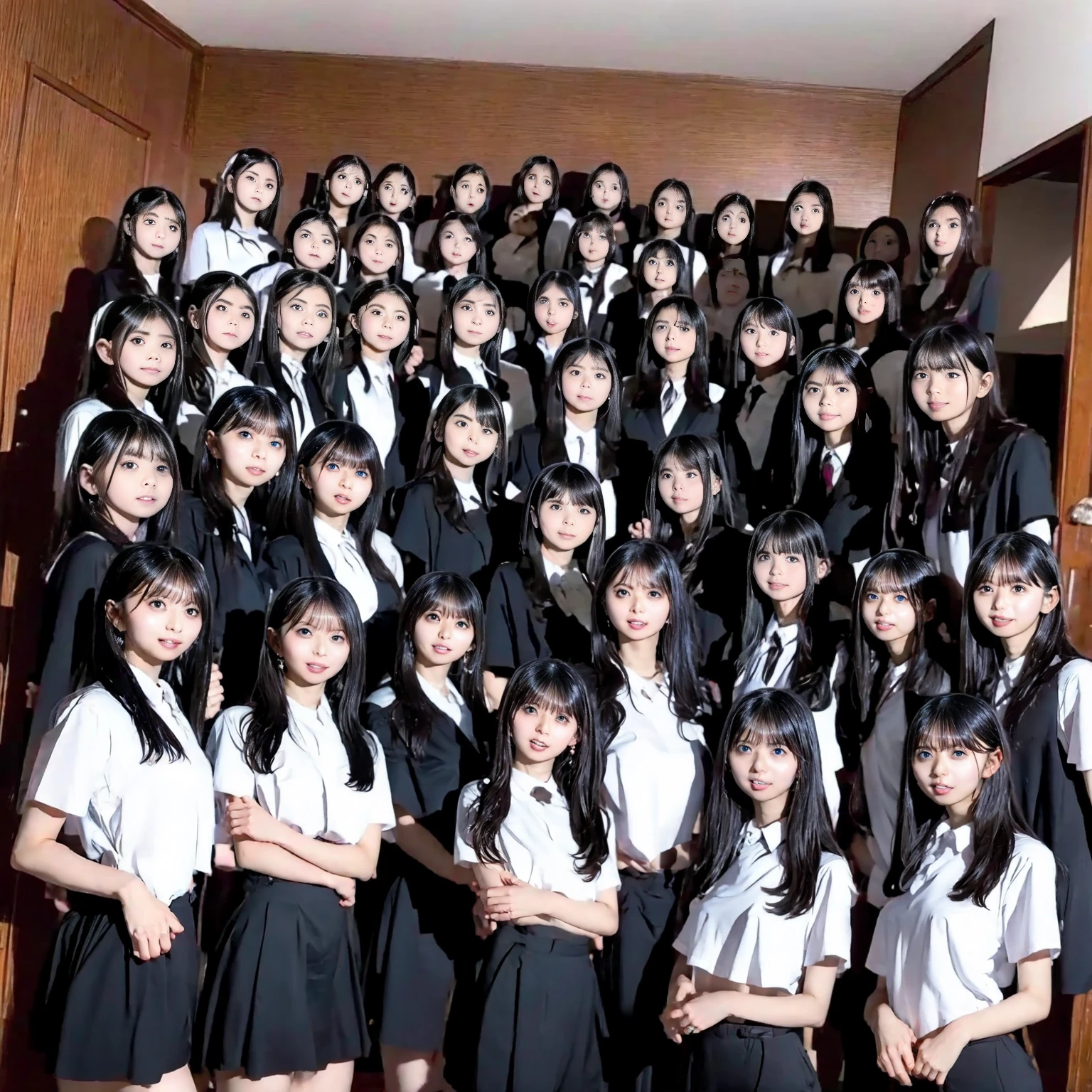 Raw photo、(((multiple girls))),((((6+girls)))),((((100girls)))),(((1000girls)))、((((100 Girls))))、((((Gigantic Breasts))))、Women only、The same face、matching school uniform、、Long black hair、100 cute girls going to school、a smile、Commuting to school、School route、(((Large group)))、a junior high  student