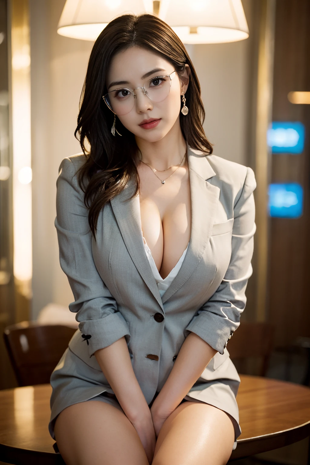 hight resolution, extremely detailed photo, hyper realstic, Professional Lighting, detailed bust, 8k wallpaper, masutepiece, Best Quality, 1girl in, bobhair, Look at viewers, Business suits, The shirt, Silver-rimmed glasses, Earring, a necklace, thighs thighs thighs thighs, well-shaped bust, bokeh dof, Arms Down, Breasts squeezed together