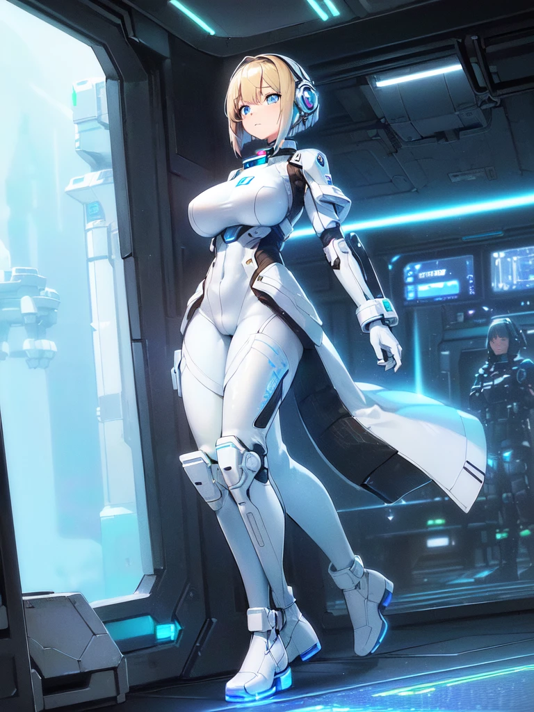 masterpiece:1.4, 1girl in ((20yr old, Wearing a futuristic white and silver costume, Tight Fit Bodysuit, long boots, Very gigantic-breasts, Multicolored blonde hair, a short bob, Perfect model body, Blue eyes:1.2, Wearing headphones, Looking out the window of the futuristic sci-fi space station、While admiring the beautiful galaxy:1.2, SFSF control room on night background:1.1, Neon and energetic atmosphere:1.2)) ((Galaxy))