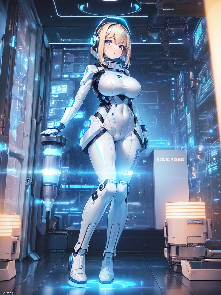 ​masterpiece:1.4, 1girl in ((20yr old, Wearing a futuristic white and silver costume, Tight Fit Bodysuit, long boots, Very gigantic-breasts, Multicolored blonde hair, a short bob, Perfect model body, Blue eyes:1.2, Wearing headphones, Looking out the window of the futuristic sci-fi space station、While admiring the beautiful galaxy:1.2, SFSF control room on night background:1.1, Neon and energetic atmosphere:1.2)) ((Galaxy))