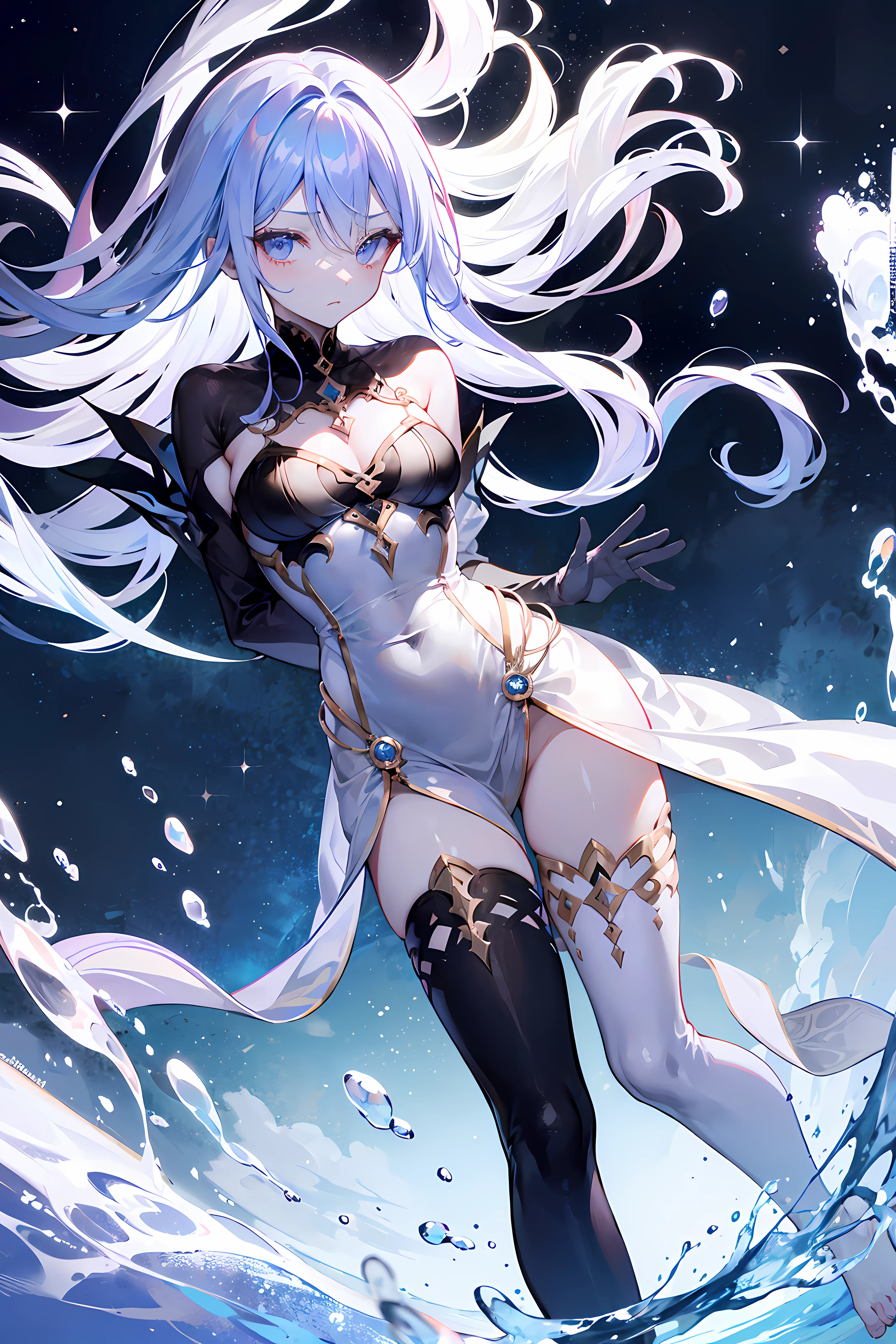 Lilac gradient hair,Asymmetrical hair,((Hair very thick 1.8,chiseled head 1.6)), Hair over the shoulder, messy hair, Very long hair, shinny hair,(Long gray hair:1.2),A beautyful girl,(Luxury Platinum Mini Ultra Short Platinum ta,Made of transparent material),(Transparent clothes transparent 1.8),perfect body figure,big thin legs,slenderness,(looking sad,Haggard complexion ,grieves,shut up:1.2) Against the backdrop of an unusually bright dark starry sky,(Place your hands behind your back),(Round,tuba, strong chest),Barefoot,afloat,waterface,(long leges,long leges,long leges,Gestalt),Full body photo。