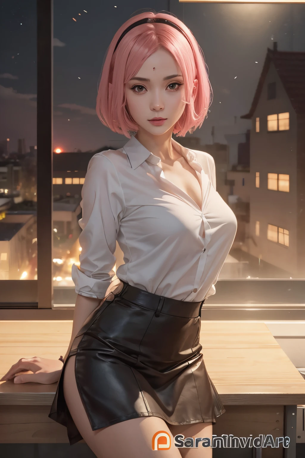 Sakura Uchiha. a woman was standing in a room. inside the scraper building again. in the evening. he was seen wearing a silver shirt. very tight. Combined with a black mini skirt which also very tight. he seemed to be leaning against a table. with short pink hair. and white people seem to be wrong. and tiny red lips. so beautiful sexy and realistic