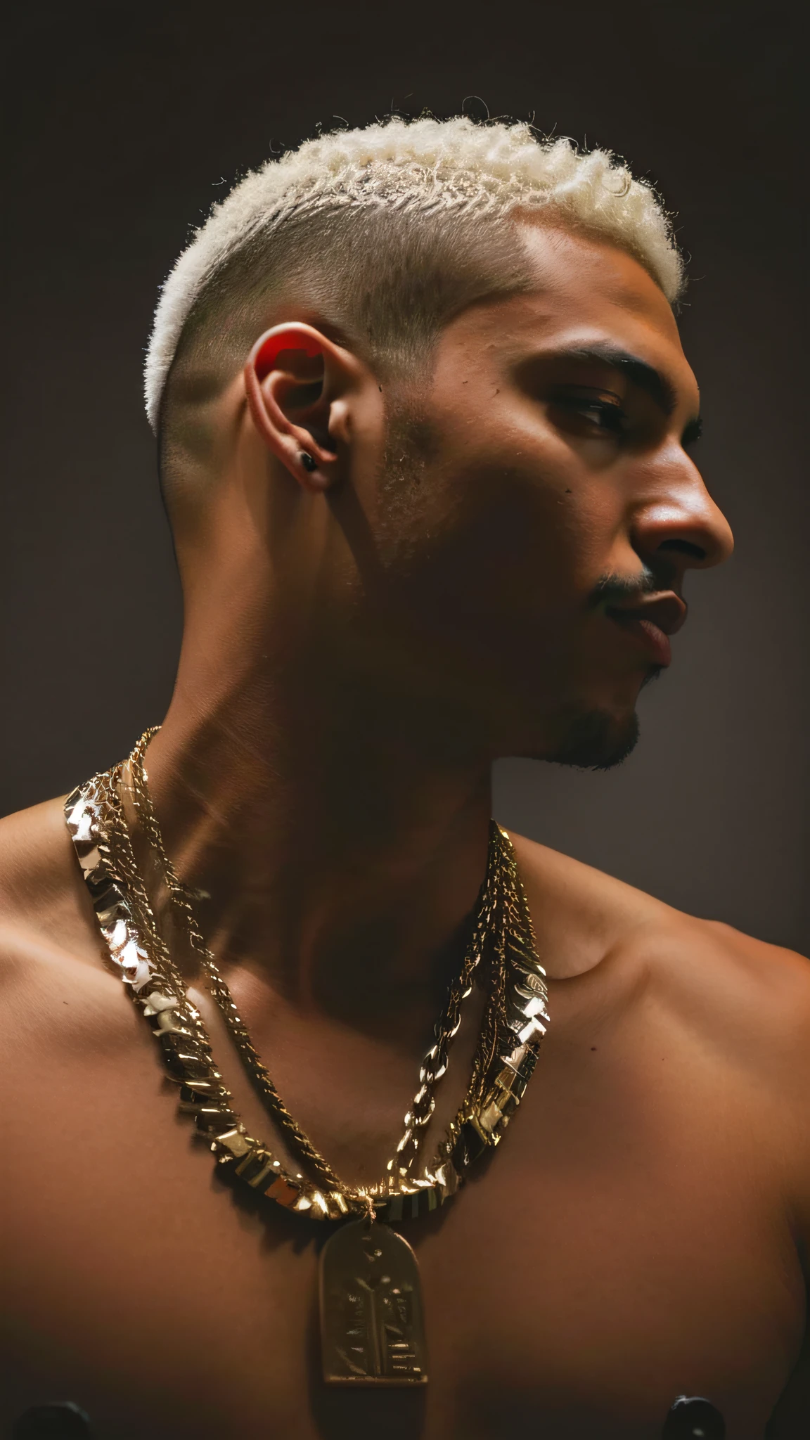 a close up of a man with a chain around his neck, joias rapper, usando uma bandana e corrente, neck chains, joias do rapper bling, taken in the early 2020s, sem sombras, aceso de lado, inspirado em Byron Galvez, usando correntes, imagem de perfil, wears an egyptian ankh necklace, Deiv Calviz, luz discreta