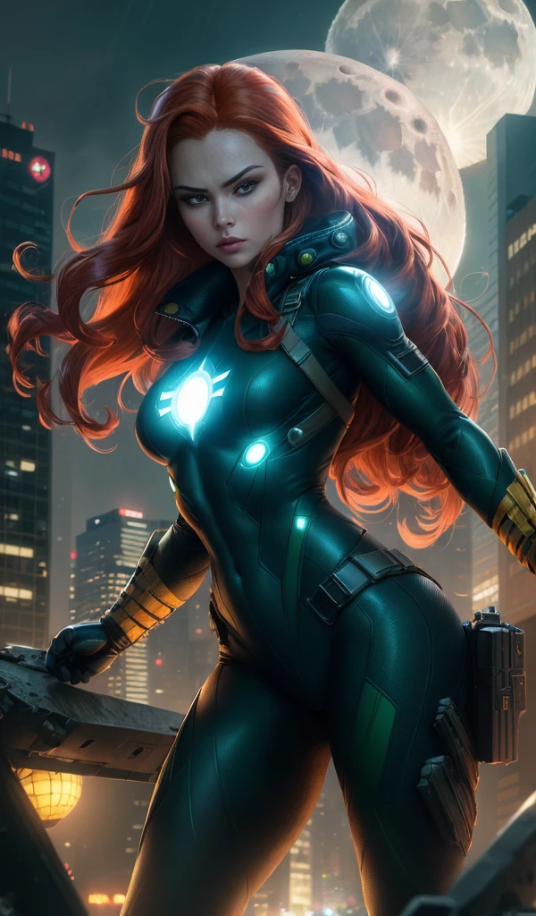 Clarity, front lighting , illumination details, female Nick Fury, masterpiece, 4k resolution, ultra-realistic, very detailed), (bright superhero theme, charismatic, on helicarrier deck, wearing trench coat , she's a superhero), [ ((25 years), (long red hair:1.2), full body, (green eyes:1.2), show of strength, ((sandy  environment):0.8), (cityscape, at night, dynamic lightull moon))] # Explanation: The Prompt mainly describes a 4K painting of ultra-high definition, very realistic, very detailed. It shows a superheroine at the top of the city, wearing a raincoat Fury costume. The theme in the painting  a bright superhero theme, the female protagonist has long red hair,  25 years old and her entire body  shown in the painting. In terms of portraying the actions of superheroines,