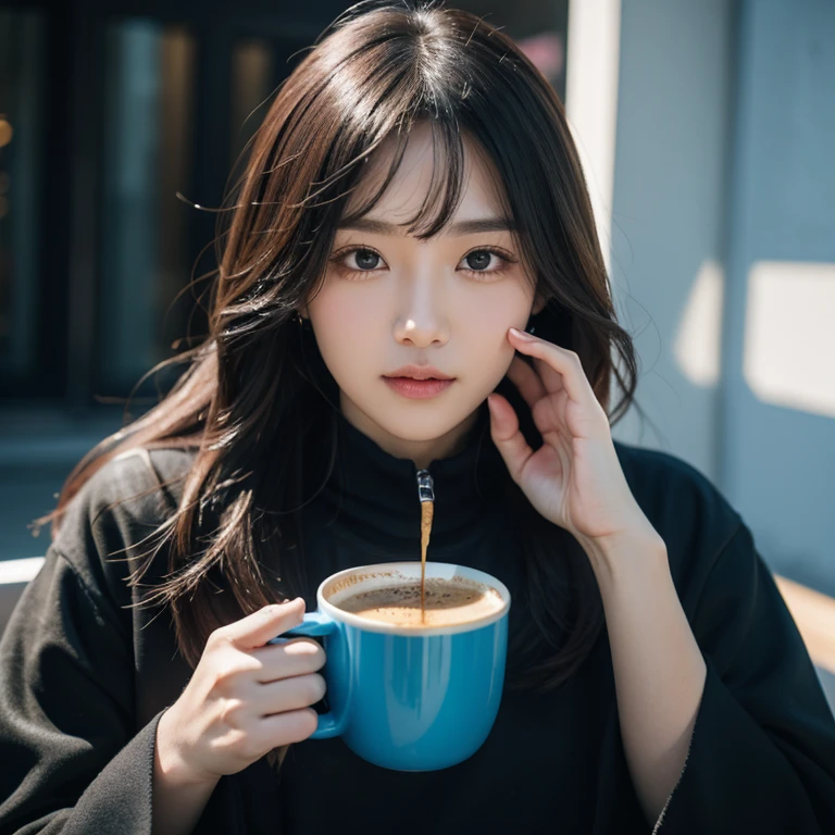 Boy withcoffe futuristic background raelistic face
