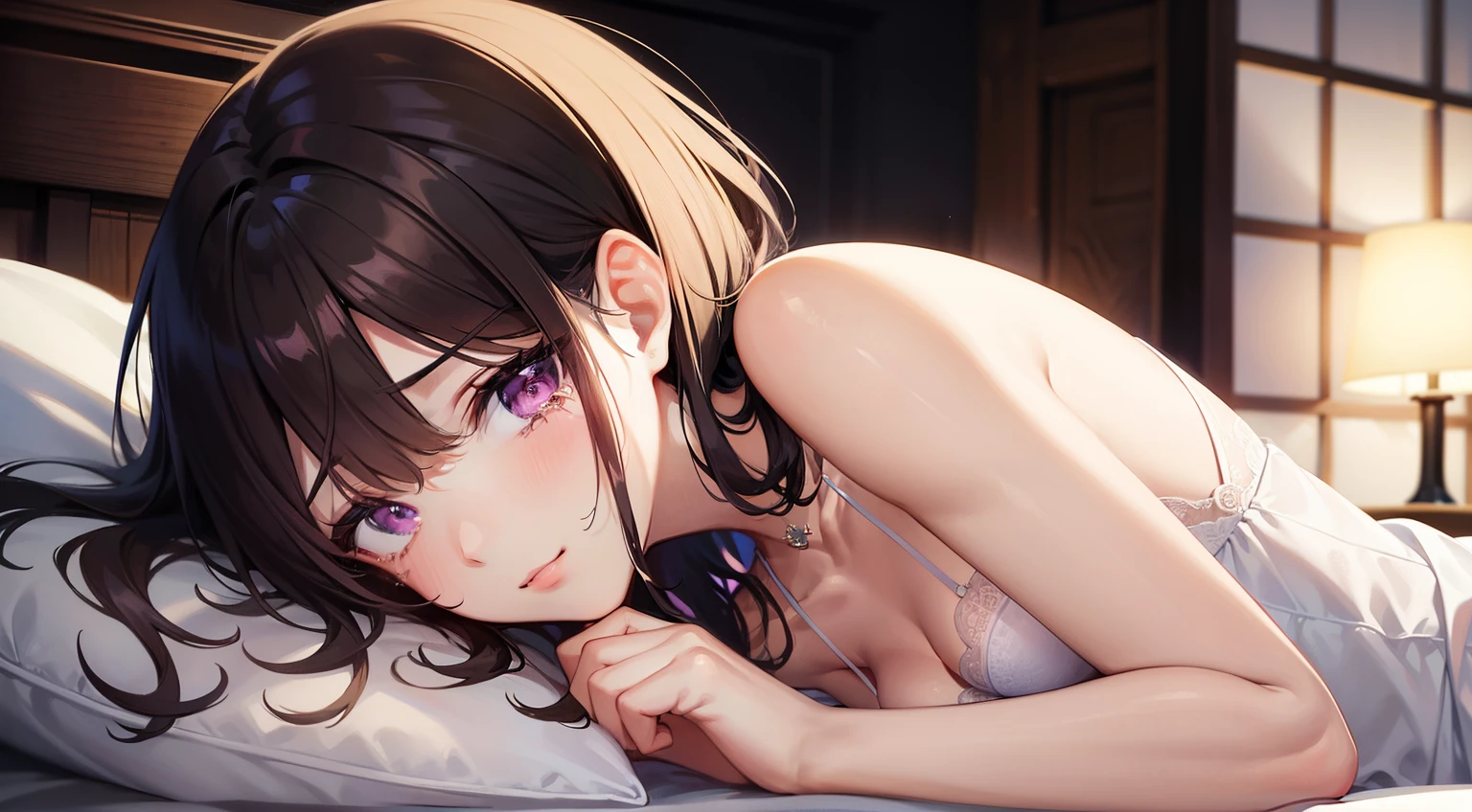 styles, masterpiece, top-quality, Special details, illustratio, Romance, a couple,tenderness, inner strength,a bed,natta, At night,Atmosphere of love bliss, Girl brown hair, Purple eyes, poneyTail, a couple, date, Profile of a man with black hair,Purple eyes,cry, tears, beautifull shinning eyes
