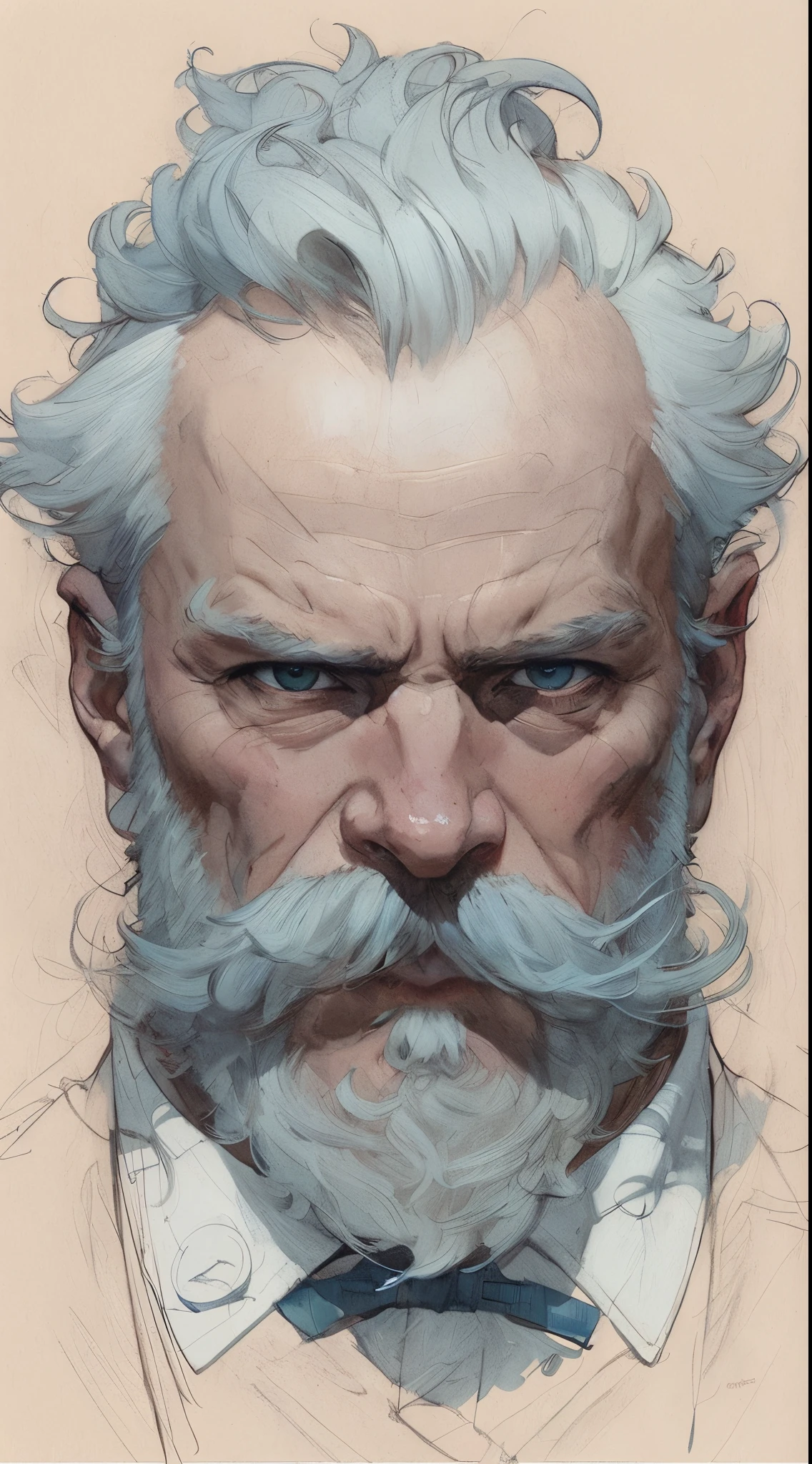 um close up de um desenho de um homem com bigode, Martin then, Retrato da obra, Moebius + Artgerm, Martin then, Epic portrait illustration, Moebius + Loish + WLOP, retrato de personagem de closeup, Stanley Artgerm Lau, estilo de stanley artgerm, James Gurney Estilo de pintura, Craig Mullins Alphonse Mucha