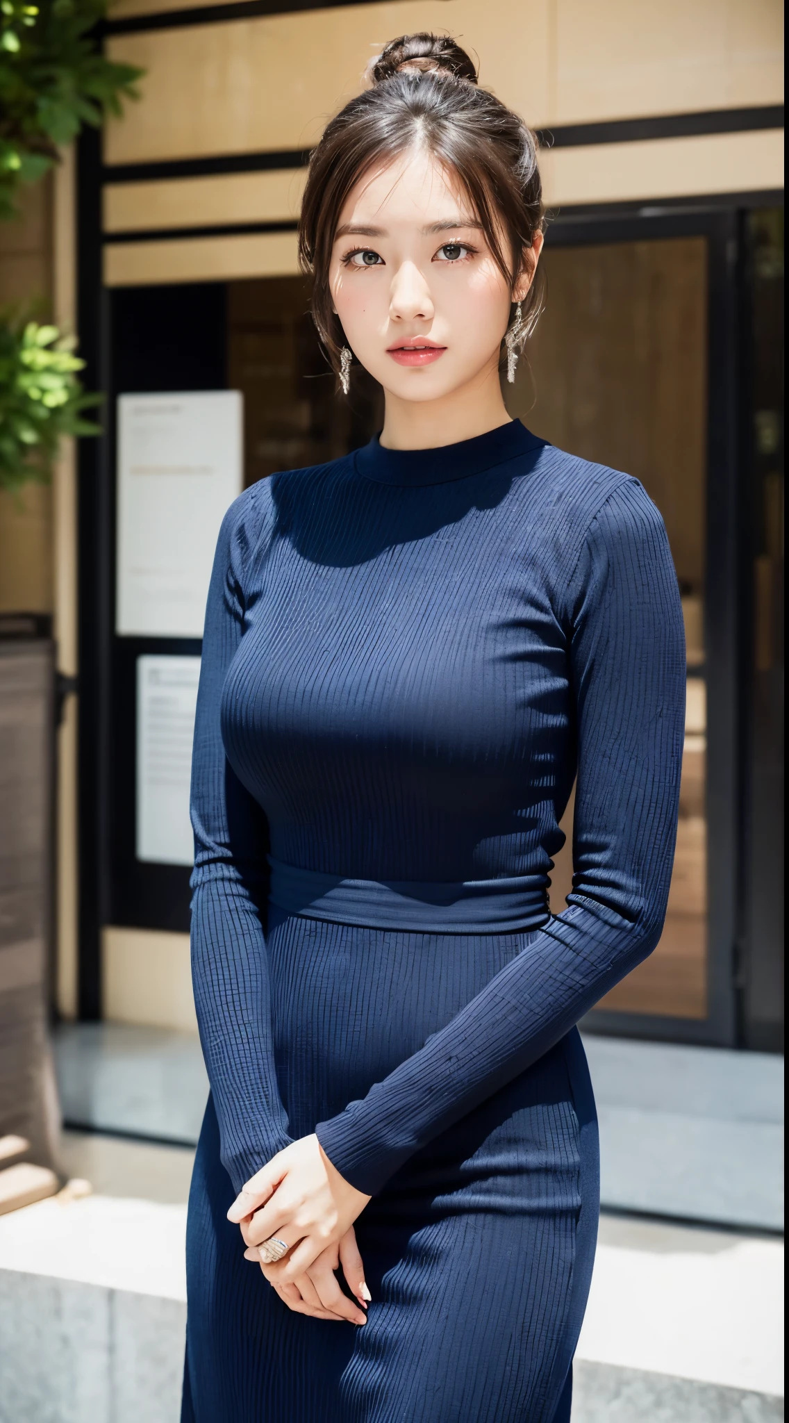 One person, Slim face, Piercing blue eyes, Brunette, Tie your hair up, thin:1.3, body, Wearing a thin knit sweater, Dark colored high-length short skirt, Put your hands on your knees, View your viewers, (Eye-level shot, Cowboy Shot),
break
(Highest quality:1.3, masterpiece:1.3), (Realistic, photo Realistic:1.2), High resolution, 超High resolution, 8k, (Realistic skin, Smooth, lustrous skin), (Normal expression, Perfect Anatomy),Large Breasts:1.5,