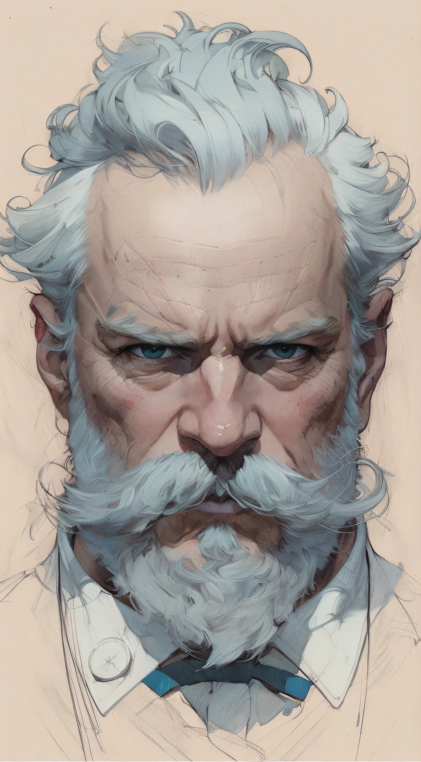 um close up de um desenho de um homem com bigode, Martin then, Retrato da obra, Moebius + Artgerm, Martin then, Epic portrait illustration, Moebius + Loish + WLOP, retrato de personagem de closeup, Stanley Artgerm Lau, estilo de stanley artgerm, James Gurney Estilo de pintura, Craig Mullins Alphonse Mucha