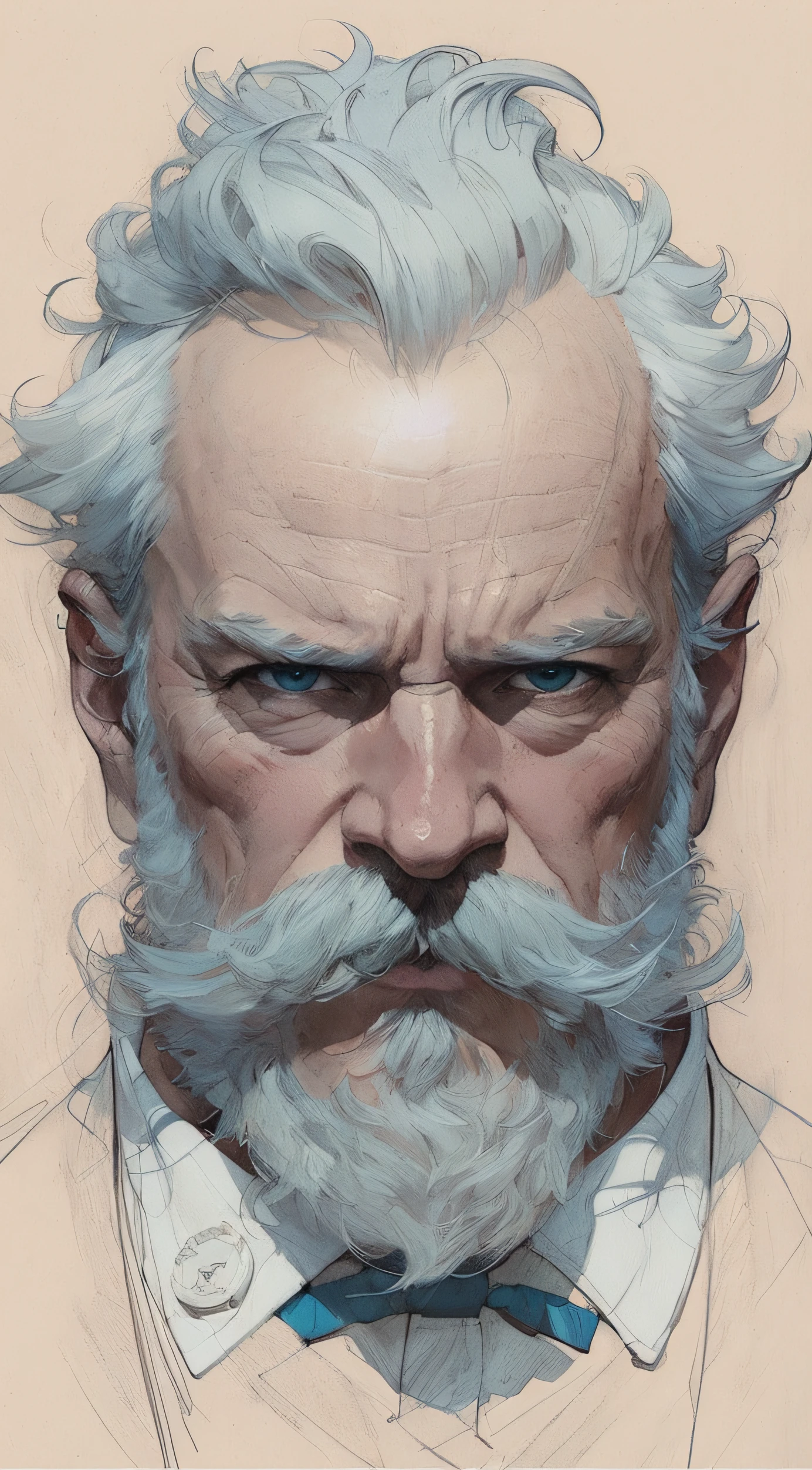 um close up de um desenho de um homem com bigode, Martin then, Retrato da obra, Moebius + Artgerm, Martin then, Epic portrait illustration, Moebius + Loish + WLOP, retrato de personagem de closeup, Stanley Artgerm Lau, estilo de stanley artgerm, James Gurney Estilo de pintura, Craig Mullins Alphonse Mucha, Full HD 8K