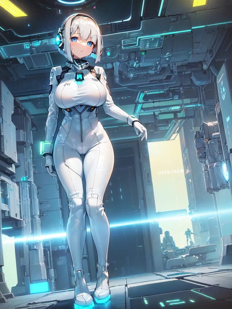 masterpiece:1.4, 1girl in ((20yr old, Wearing a futuristic white and silver costume, Tight Fit Bodysuit, long boots, Very gigantic-breasts, Multicolored blonde hair, a short bob, Perfect model body, Blue eyes:1.2, Wearing headphones, Looking out the window of the futuristic sci-fi space station、While admiring the beautiful galaxy:1.2, SFSF control room on night background:1.1, Neon and energetic atmosphere:1.2)) ((Galaxy))