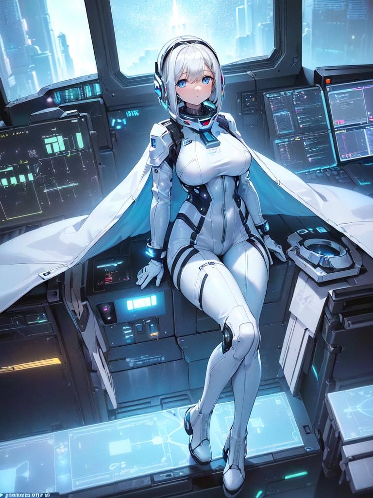 ​masterpiece:1.4, 1girl in ((20yr old, Wearing a futuristic white and silver costume, Tight Fit Bodysuit, long boots, Very gigantic-breasts, Multicolored blonde hair, a short bob, Perfect model body, Blue eyes:1.2, Wearing headphones, Looking out the window of the futuristic sci-fi space station、While admiring the beautiful galaxy:1.2, SFSF control room on night background:1.1, Neon and energetic atmosphere:1.2)) ((Galaxy))