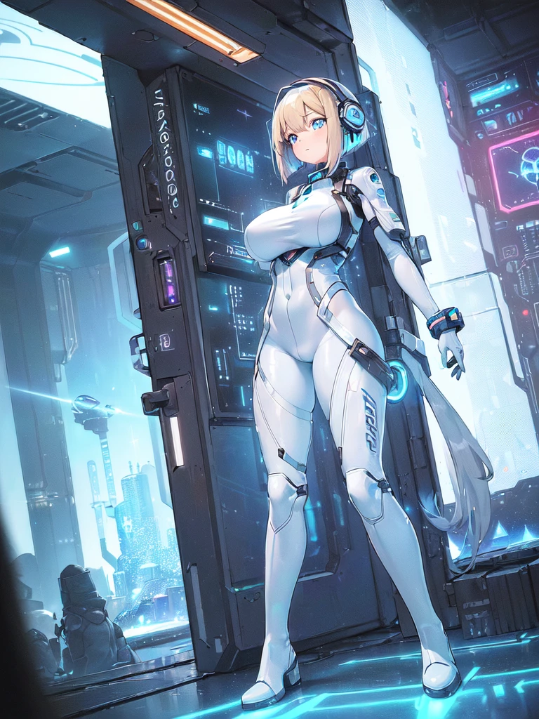 masterpiece:1.4, 1girl in ((20yr old, Wearing a futuristic white and silver costume, Tight Fit Bodysuit, long boots, Very gigantic-breasts, Multicolored blonde hair, a short bob, Perfect model body, Blue eyes:1.2, Wearing headphones, Looking out the window of the futuristic sci-fi space station、While admiring the beautiful galaxy:1.2, SFSF control room on night background:1.1, Neon and energetic atmosphere:1.2)) ((Galaxy))