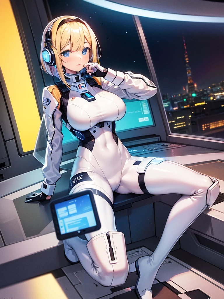 ​masterpiece:1.4, 1girl in ((20yr old, Wearing a futuristic white and silver costume, Tight Fit Bodysuit, long boots, Very gigantic-breasts, Multicolored blonde hair, a short bob, Perfect model body, Blue eyes:1.2, Wearing headphones, Looking out the window of the futuristic sci-fi space station、While admiring the beautiful galaxy:1.2, SFSF control room on night background:1.1, Neon and energetic atmosphere:1.2)) ((Galaxy))