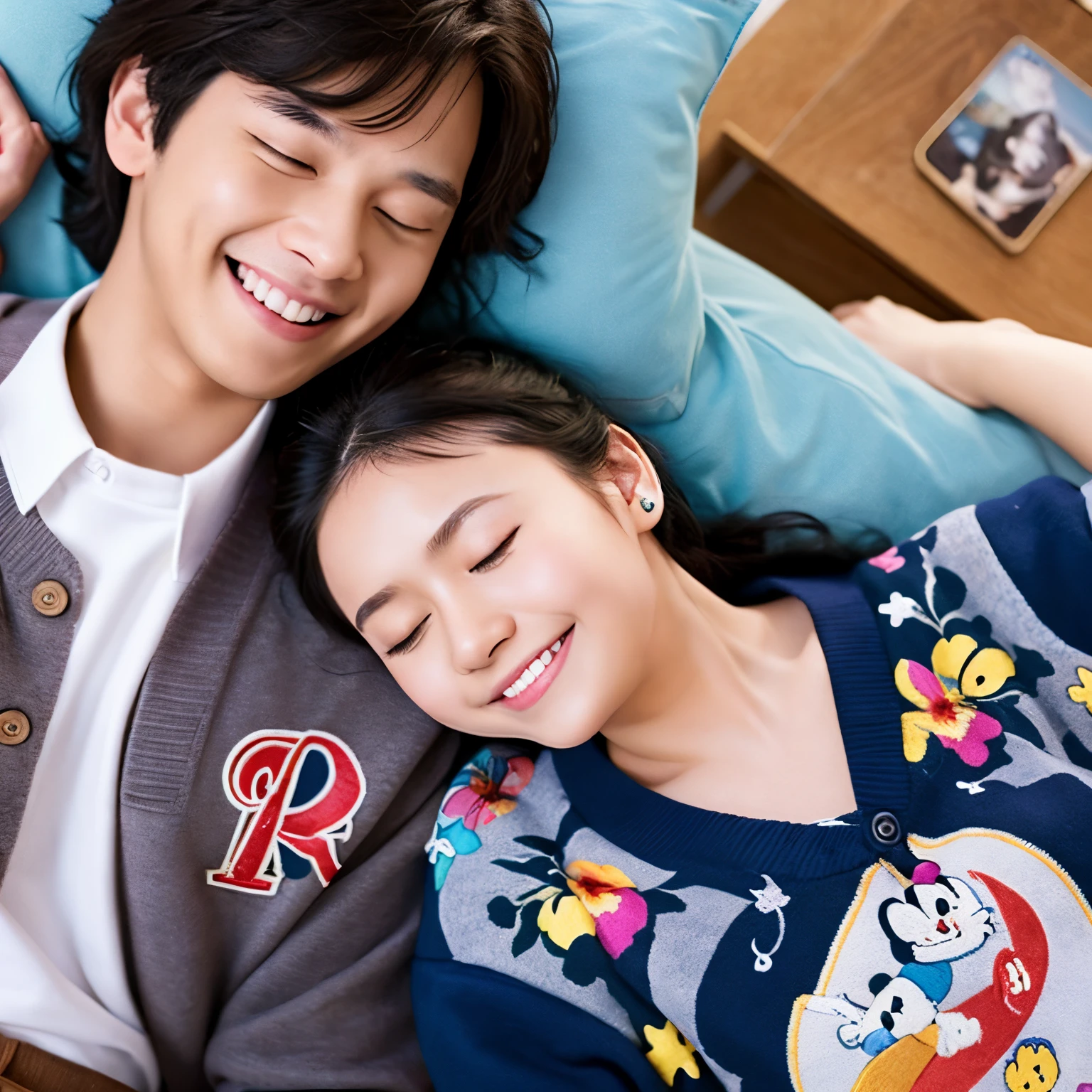 Make it look like Disney Pixar、High school couple of both sexes、The two of them are smiling with their eyes closed and have cat tattoos on their faces.、They are both lying on the bed, cheeks touching.。The girl's outfit is a navy blue cardigan with a pink ribbon.、The boy's outfit is a khaki sweatshirt。