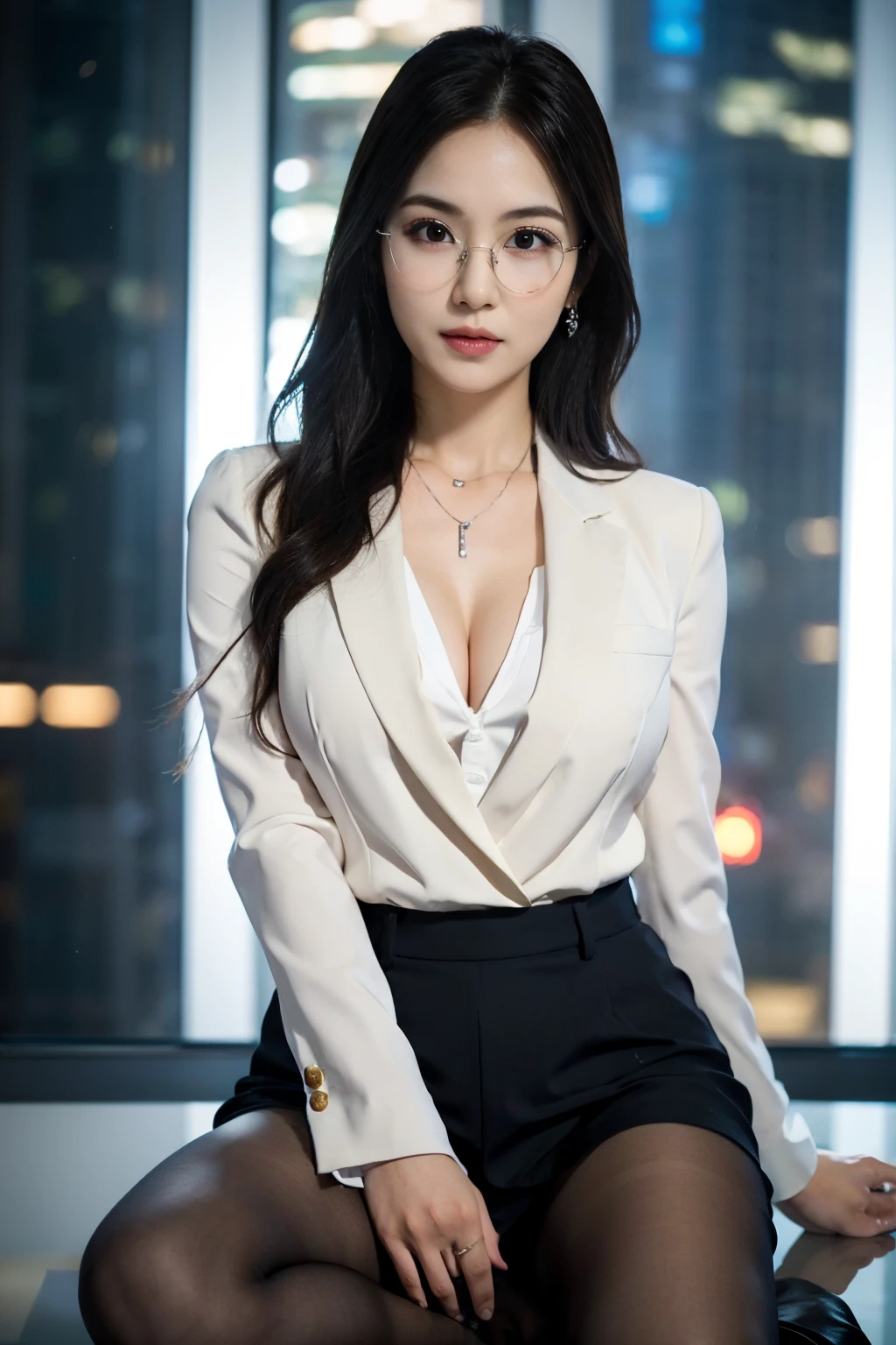 hight resolution, extremely detailed photo, hyper realstic, Professional Lighting, detailed bust, 8k wallpaper, masutepiece, Best Quality, 1girl in, bobhair, Look at viewers, Business suits, The shirt, Silver-rimmed glasses, Earring, a necklace, pantyhose, well-shaped bust, bokeh dof, Arms Down, Breasts squeezed together