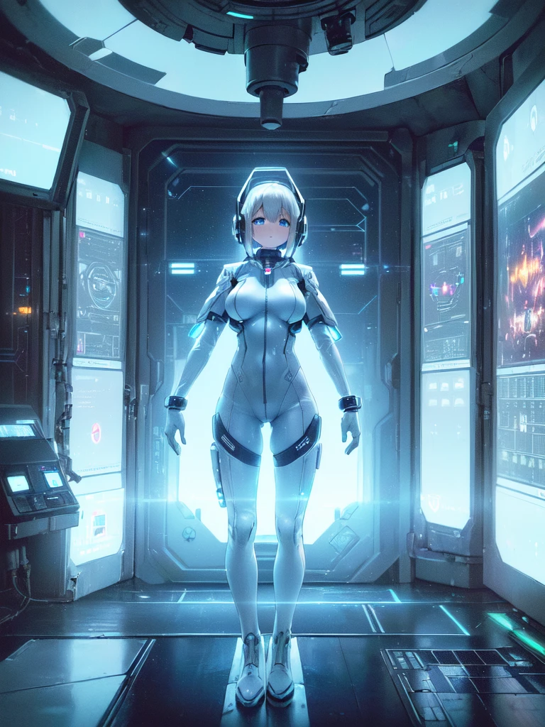 ​masterpiece:1.4, 1girl in ((20yr old, Wearing a futuristic white and silver costume, Tight Fit Bodysuit, long boots, Very gigantic-breasts, Multicolored blonde hair, a short bob, Perfect model body, Blue eyes:1.2, Wearing headphones, Looking out the window of the futuristic sci-fi space station、While admiring the beautiful galaxy:1.2, SFSF control room on night background:1.1, Neon and energetic atmosphere:1.2)) ((Galaxy))