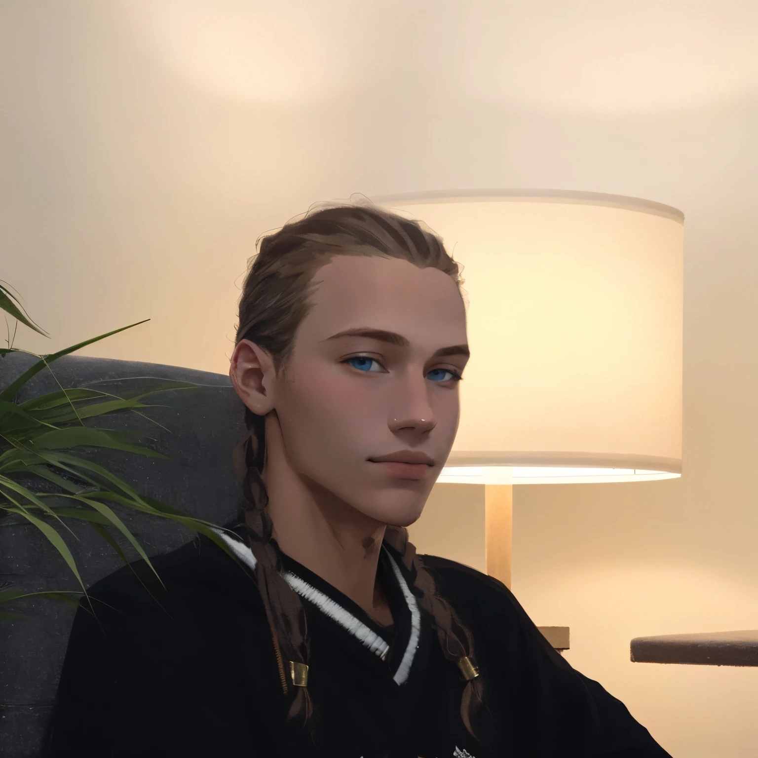 there  a young guy sitting in a chair, twitch streamer / gamer ludwig, around 19 years old, taken in the early 2020s, young with long braided hair, blue eyes