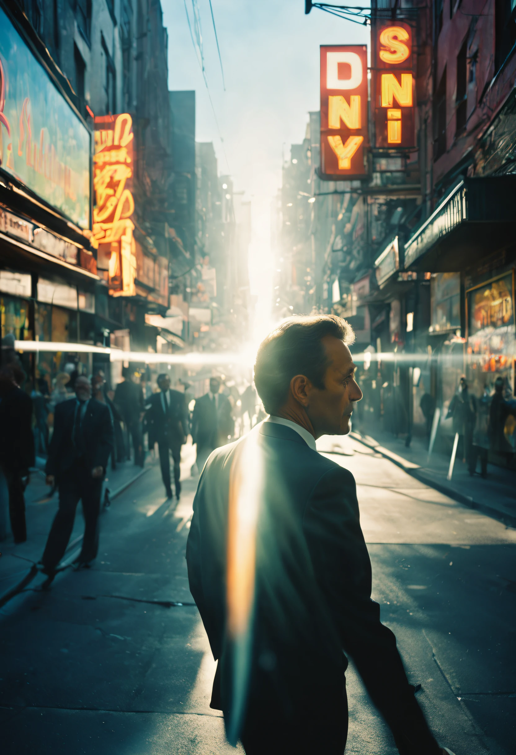 a double-exposure photograph of a man in a suit walking along and a street with neon signs, busy street, crowds, (sunny 4pm: 1.3), cinematic lighting, (double exposed: 1.4), camera flash light, (shutter drag: 1.5), motion bur, lens flare, (graflex speed graphic: 1.2), street photography, magnum, film grain, movie poster, Bruce Gilden style