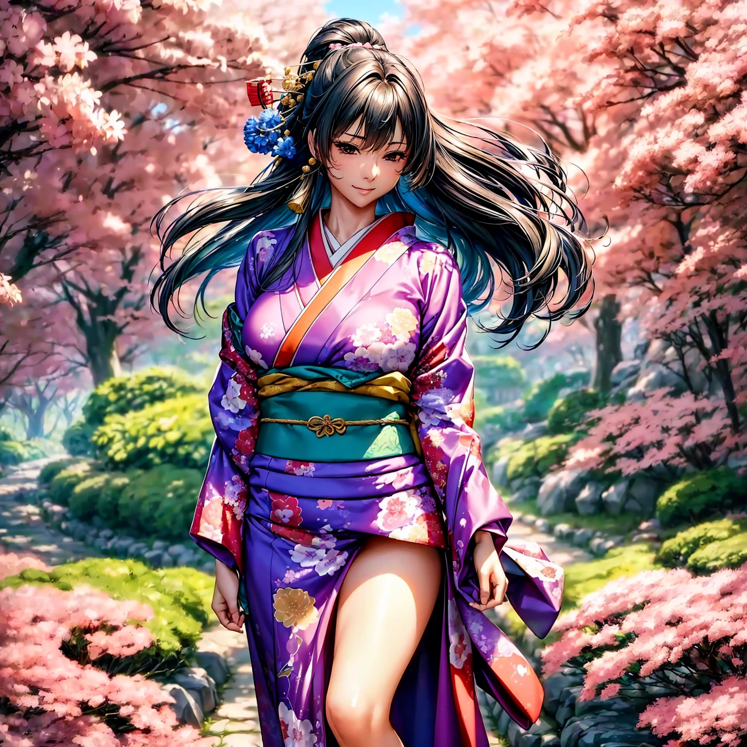 (top quality picture、masterpiece level、very high res、超A high resolution,High-quality detail)、(A 24-year-old woman with perfect and ultimate beauty.,beautiful breasts and body shape,Beautiful body,美丽的面容:1.5)、large pink,Japanese hair decoration,Wide variety of hairstyles,Beautiful hair,Realistic textures,(((She is wearing a Japanese kimono with beautiful colors.,Richly colored kimono,Shoulders exposed from kimono,I can see the cleavage))),has a bewitching smile,Inviting gaze,Mouth opens,The wind is blowing,Hair flutters under the influence of the wind,Kimono flapping due to the wind,The sleeves and obi of the kimono flutter in a radial pattern.,Vibrant poses,Japanese garden,The cherry tree,Beautiful Landscapes,(The whole body,thigh visible,accurate anatomy、extremely detailed picture、Accurate images、Perfect Image 1.5)、beautiful anime woman, Beautiful Art Style, an animated character、(The whole picture、Detailed picture、Defect-free images、natural soft light、beautiful image),(Best Shot 1.2)