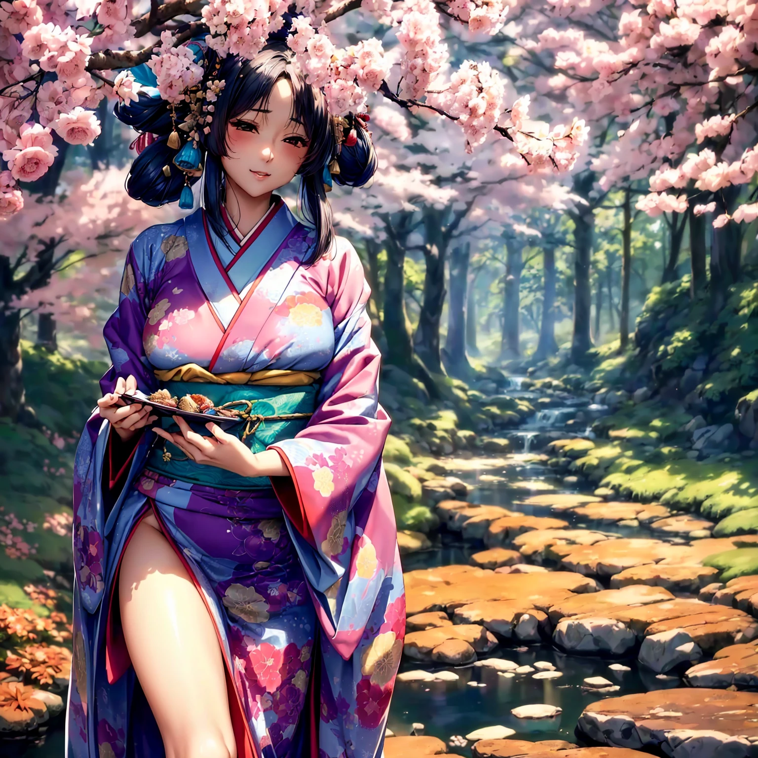 (top quality picture、masterpiece level、very high res、超A high resolution,High-quality detail)、(A 24-year-old woman with perfect and ultimate beauty.,beautiful breasts and body shape,Beautiful body,美丽的面容:1.5)、large pink,Japanese hair decoration,Wide variety of hairstyles,Beautiful hair,Realistic textures,(((She is wearing a Japanese kimono with beautiful colors.,Richly colored kimono))),has a bewitching smile,Inviting gaze,Mouth opens,The wind is blowing,Hair flutters under the influence of the wind,Kimono flapping due to the wind,The long sleeves and long obi of the kimono spread out in a radial pattern.,Beautiful Japan garden,The cherry tree,Beautiful Landscapes,(The whole body,thigh visible,accurate anatomy、extremely detailed picture、Accurate images、Perfect Image 1.5)、beautiful anime woman, Beautiful Art Style, an animated character、(The whole picture、Detailed picture、Defect-free images、natural soft light、beautiful image),(Best Shot 1.2)