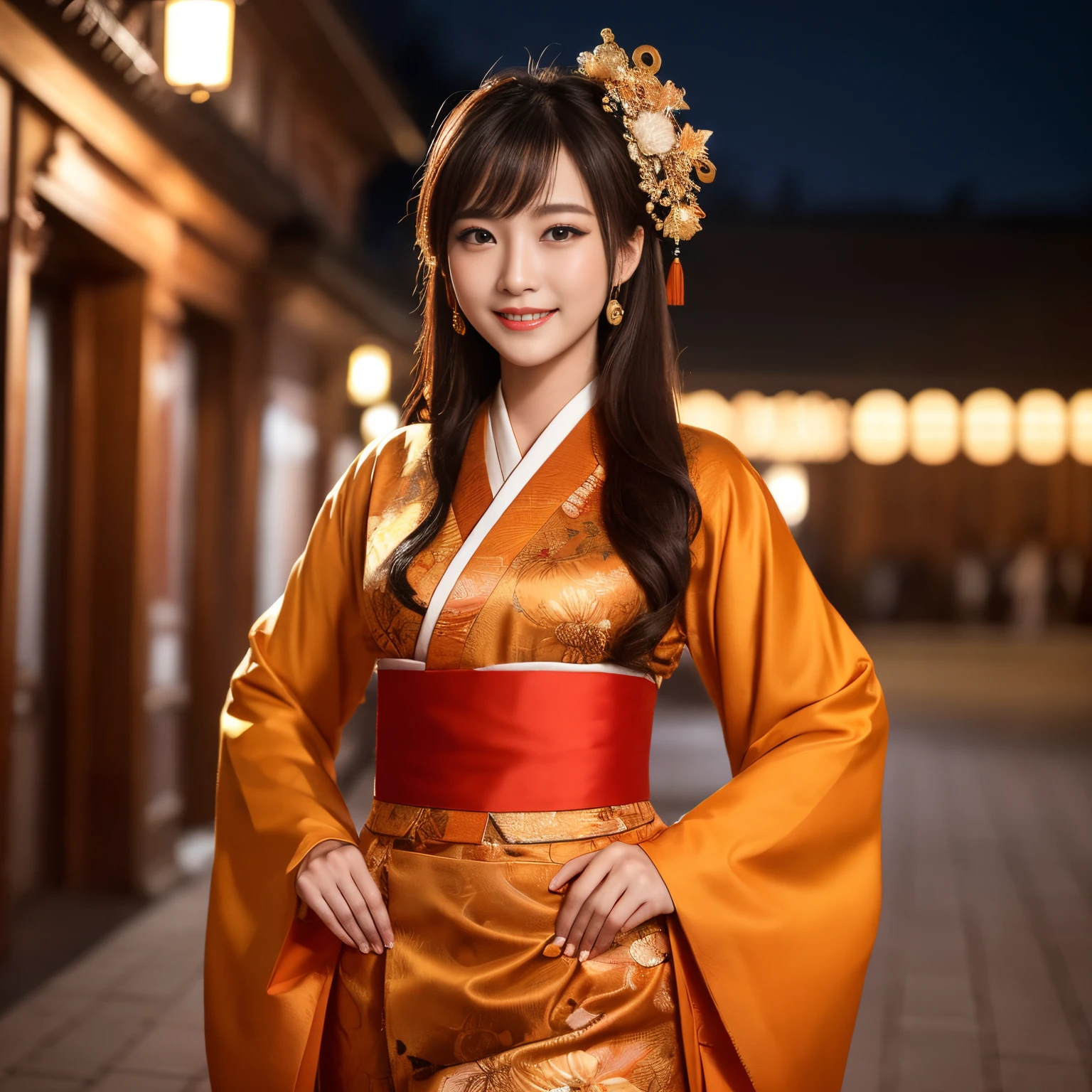 ((top-quality、masutepiece、8K、Top image quality、Award-Winning Works))、one chinese goddess、(The most luxurious and intricate Chinese furisode:1.1)、The most luxurious and majestic goddess costume、(The most gorgeous orange and gold giant long-sleeved kimono:1.1)、(The background is the most luxurious garrison house at night:1.1)、the most luxurious and intricate decorations、blurry backround、spectacular movie lighting、accurate anatomy、View me、a smile、Upper body photo、The most luxurious night courthouse、Romantic mood、