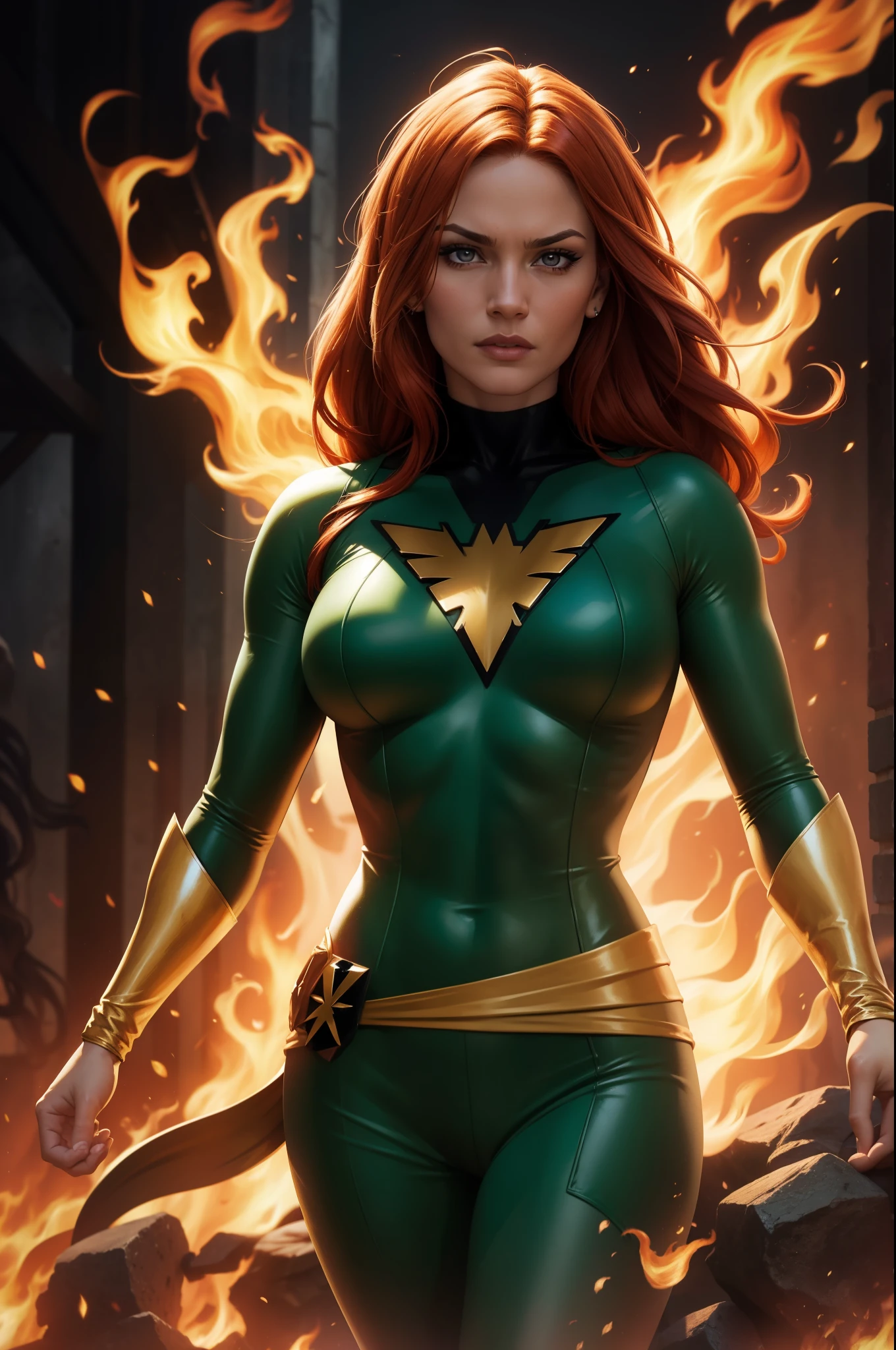 Jeangrey,X-men,Pheonixcostume,superhero,vibrantcolors,fierceexpression,detailedeyes,longredhair,burningflames,telekinesis,emotional,intensebattle,mysticalbackground,bestquality,highreshighlightedoutline,comicbookstyle,widescreenformat,contrastadjusted,hdr,crispdetails,energeticlighting, large breasts, sexy