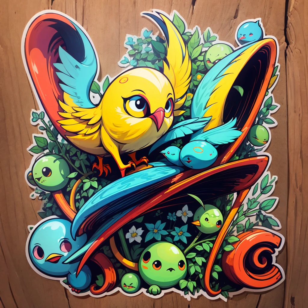 bird song, etiqueta, enthusiastic, Primary Color, estilo de arte outsider, contorno, vetor, fundo branco, circunstanciado