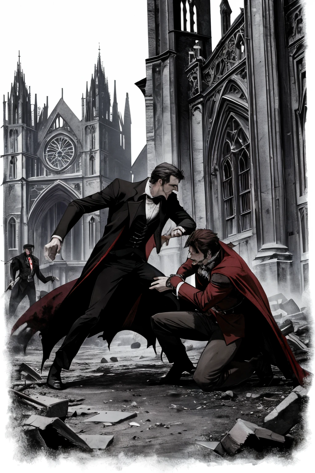 Ambush and staking Dracula:
"Digital scene of Professor Van Helsing and Jonathan Harker sprinting into ruined gothic cathedral, ambushing vampire Dracula. Dracula wears high collared cloak, recoiling in pain and surprise as Jonathan forcefully stabs wooden stake through his heart, Van Helsing restraining." Detailed,Perfect face,Best quality,tmasterpiece