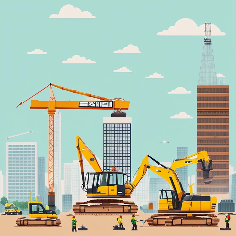 There  a construction site with a bulldozer, Bulldozers and construction cranes,brickuild, Construction site, Construction site, flatillustration, work insurance.  robots in construction, lots of buildings, bright construction materials, fully built buildings, mixed development, Under construction, heavy machinery, professional illustration,  illuminations, Groundbreaking
